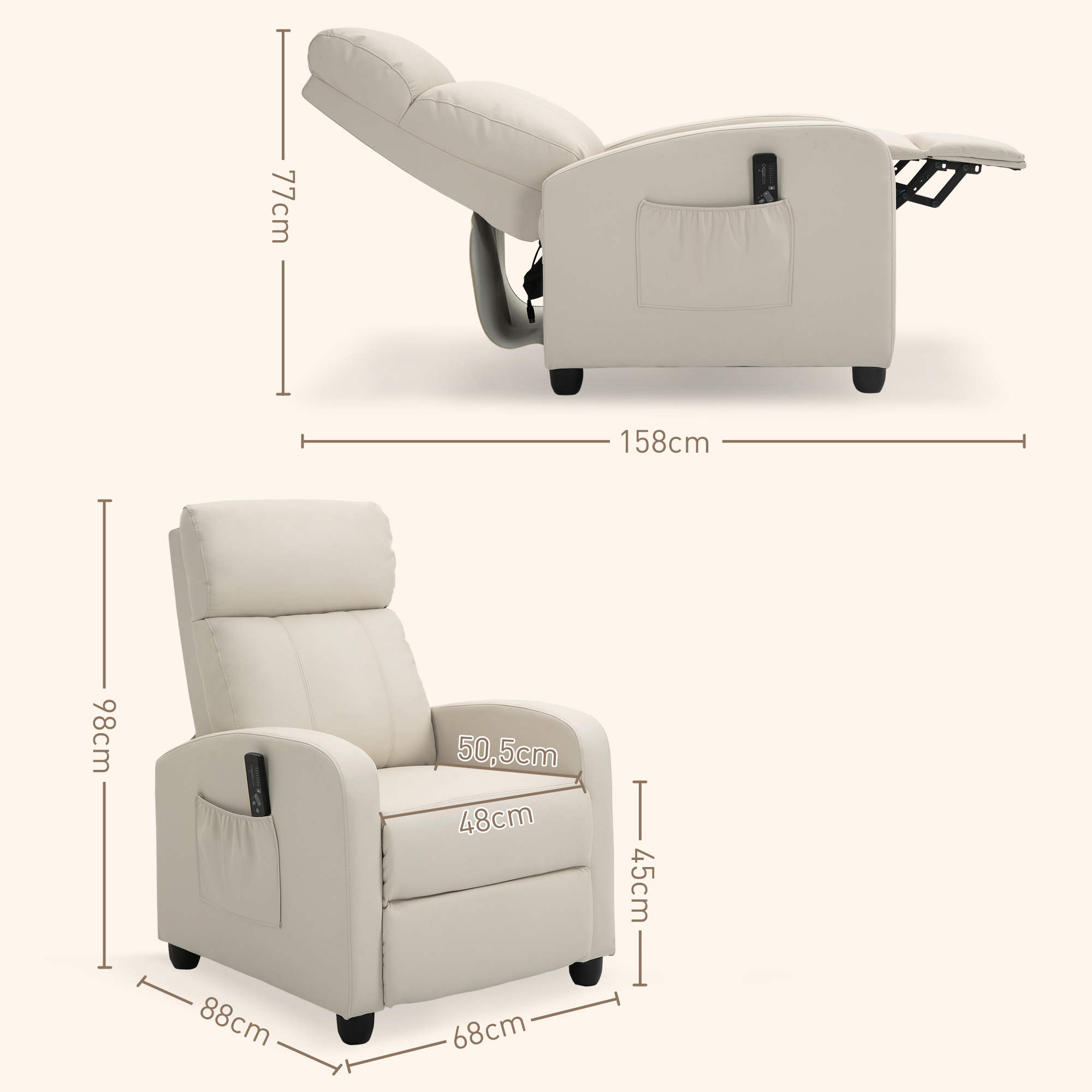 Diagrama de una silla reclinable beige con dimensiones en cm, abierta y cerrada.
