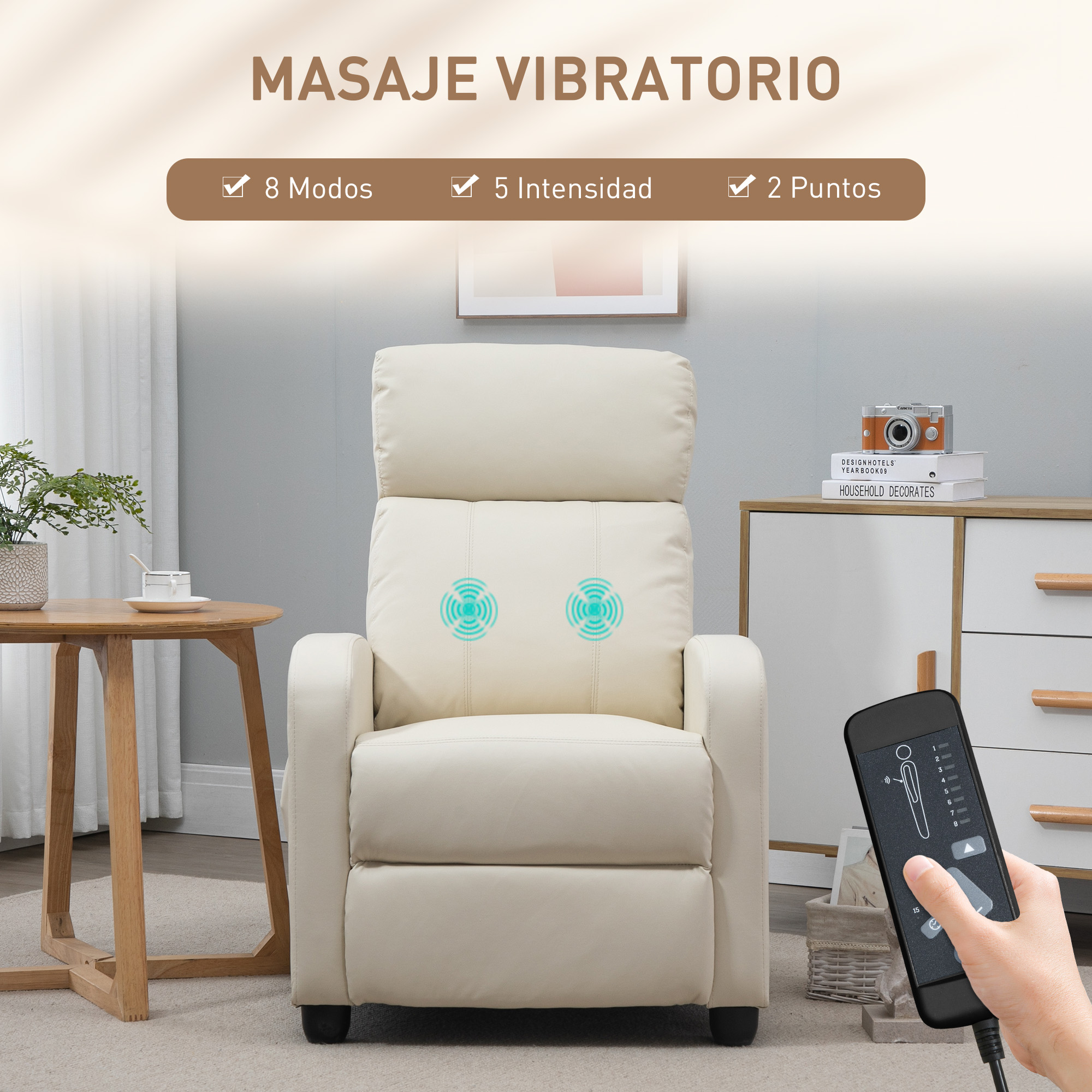 Una silla reclinable crema con un mando a distancia e indicadores que muestran las funciones de masaje.