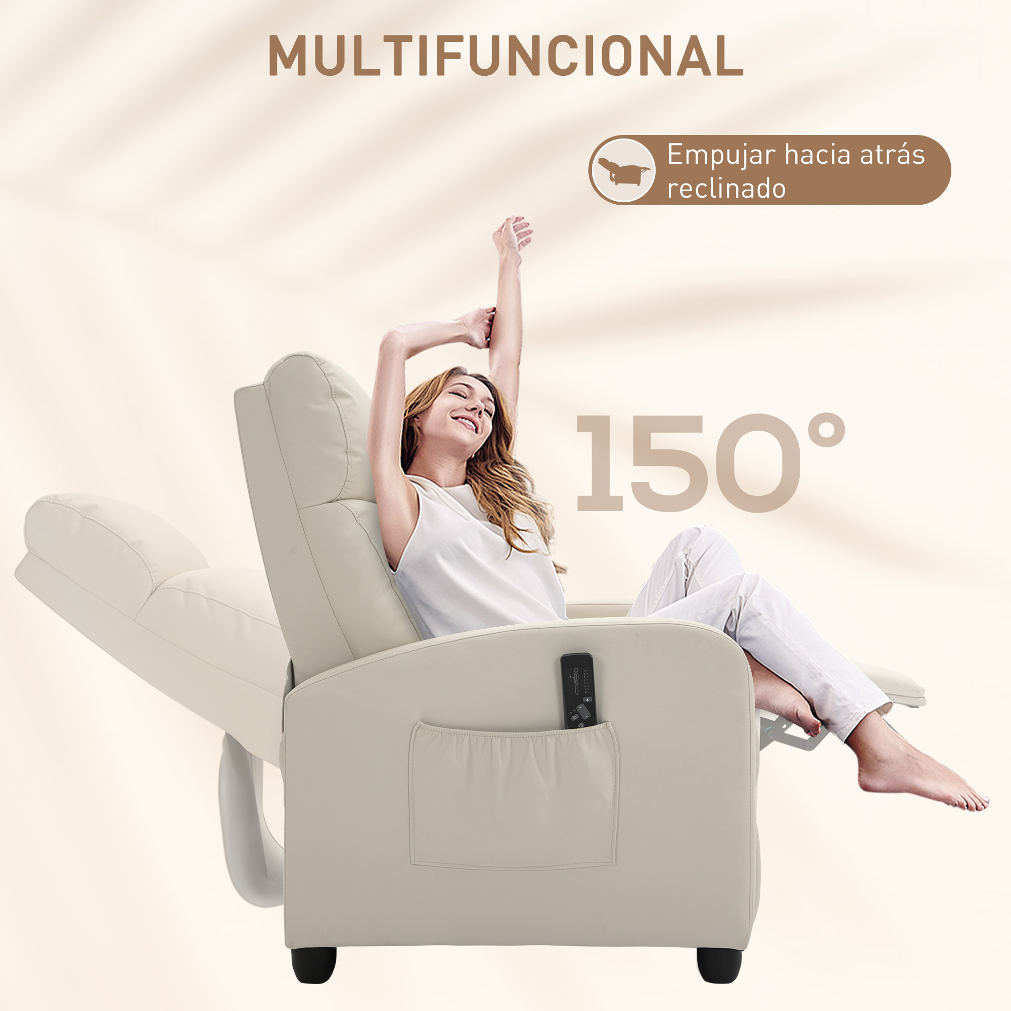 Una mujer reclinada en un sillón reclinable color crema, con los brazos levantados y texto sobre las características.