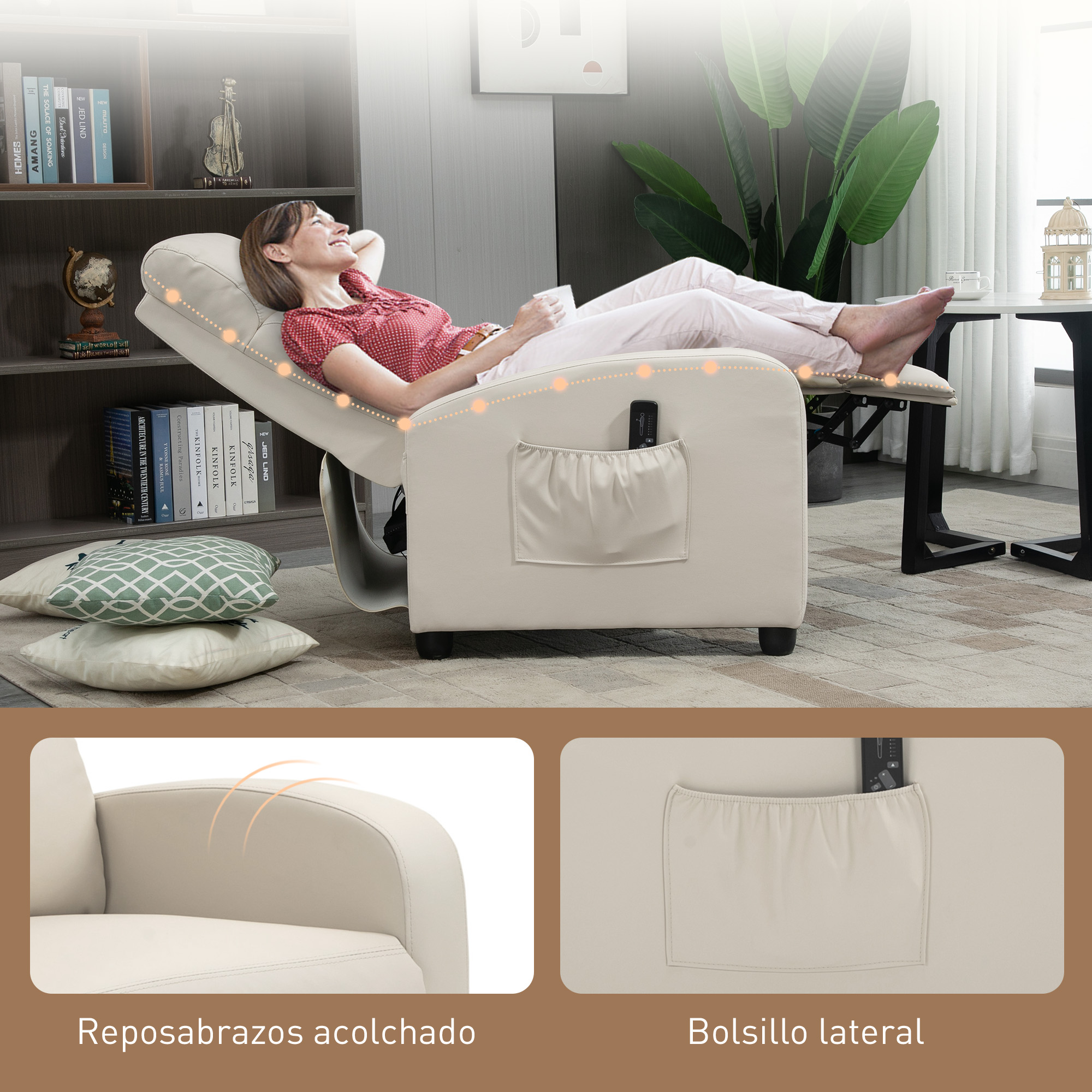 Mujer relajándose en un sillón reclinable beige con un bolsillo lateral y un mando a distancia.