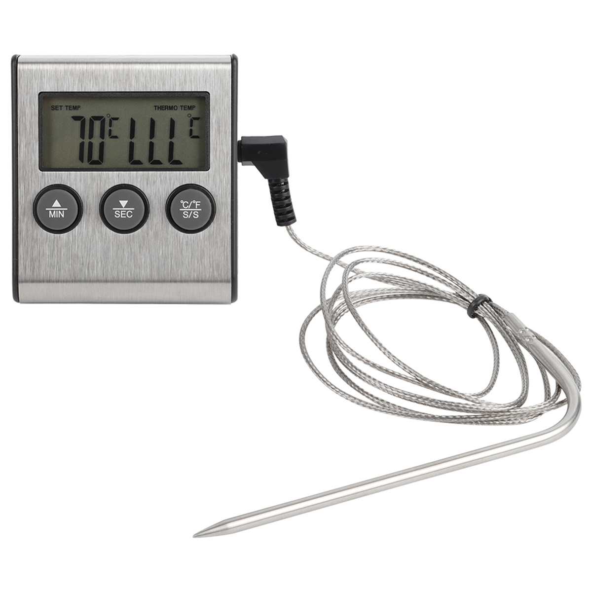 Digitales Thermometer mit einer Sonde. Grauer Hintergrund.