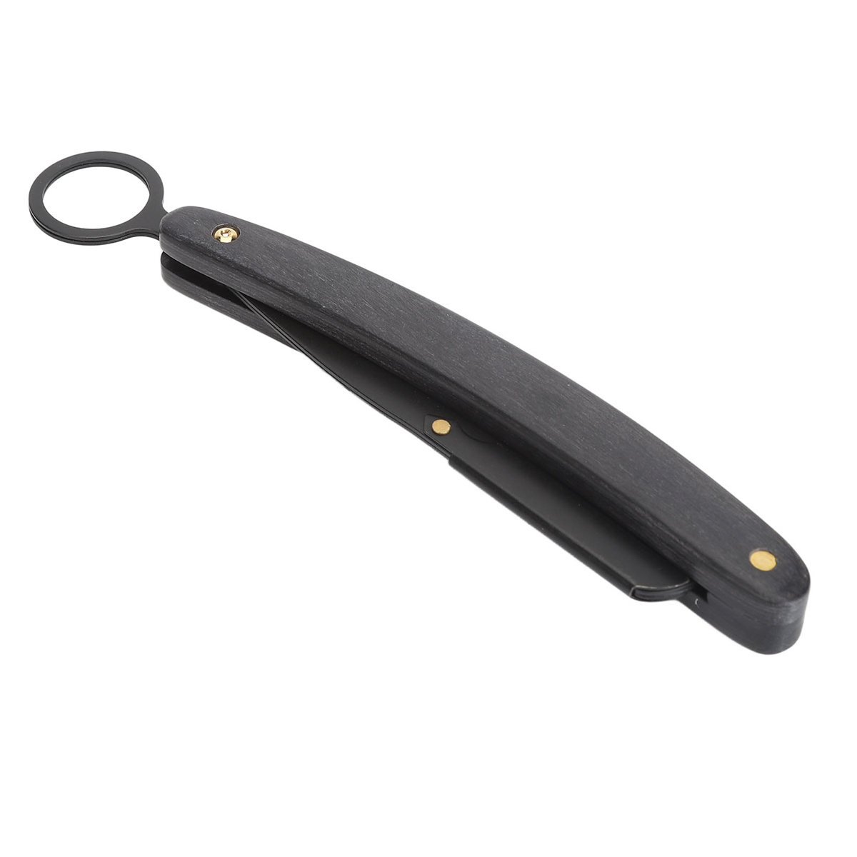 Ein schwarzes Rasiermesser mit Holzgriff, geschlossen. Die Klinge ist im Griff gefaltet.