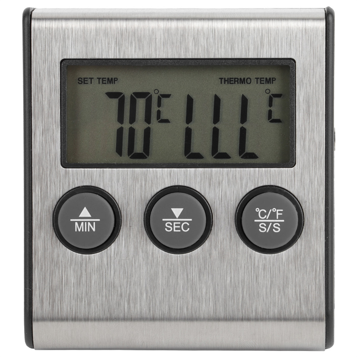 Ein silberner digitaler Küchentimer zeigt 70 Grad und 111 Sekunden.