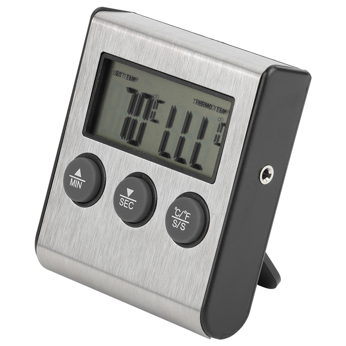Ein silberner und schwarzer digitaler Küchentimer, der 7:07 und andere Bedienelemente anzeigt: Min, Sek, °C/°F S/S.
