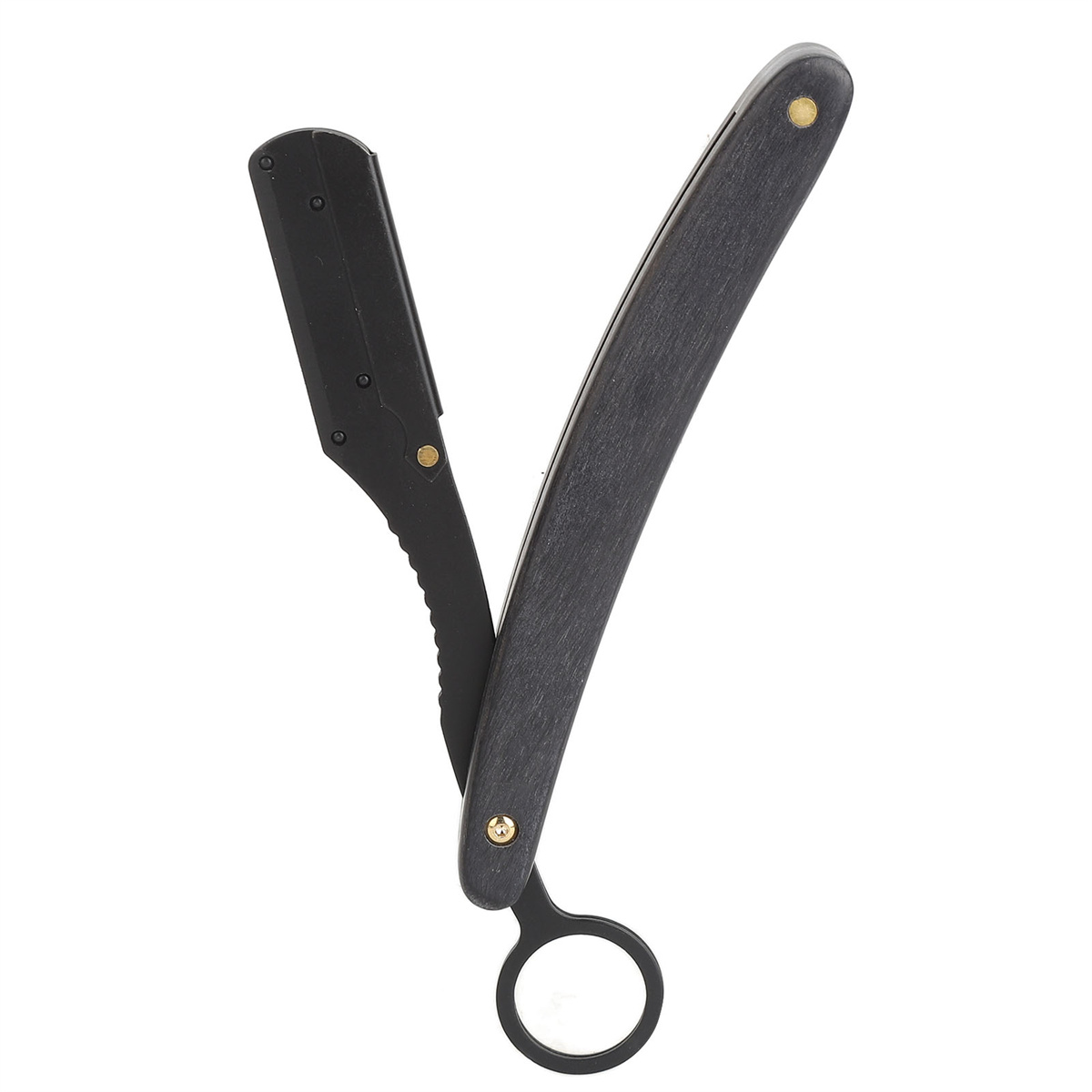 Ein offenes schwarzes Rasiermesser mit dunklem Holzgriff und einer kreisförmigen Fingerschlaufe.