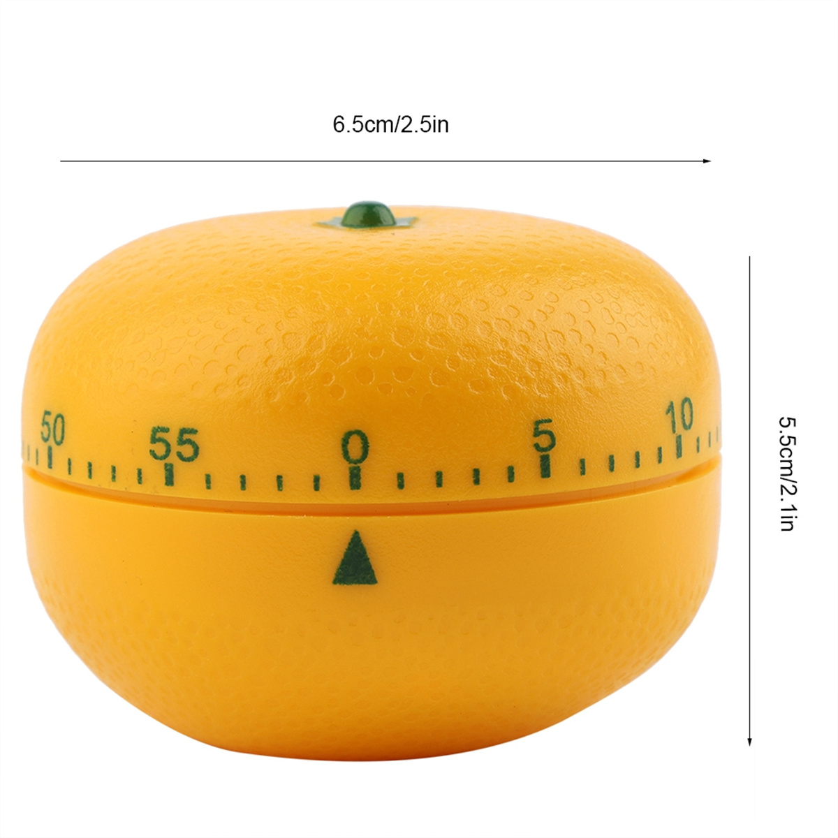 Ein orangefarbener Timer in Form einer Zitrusfrucht mit Zahlen und einem grünen Deckel, 6,5 cm x 5,5 cm.