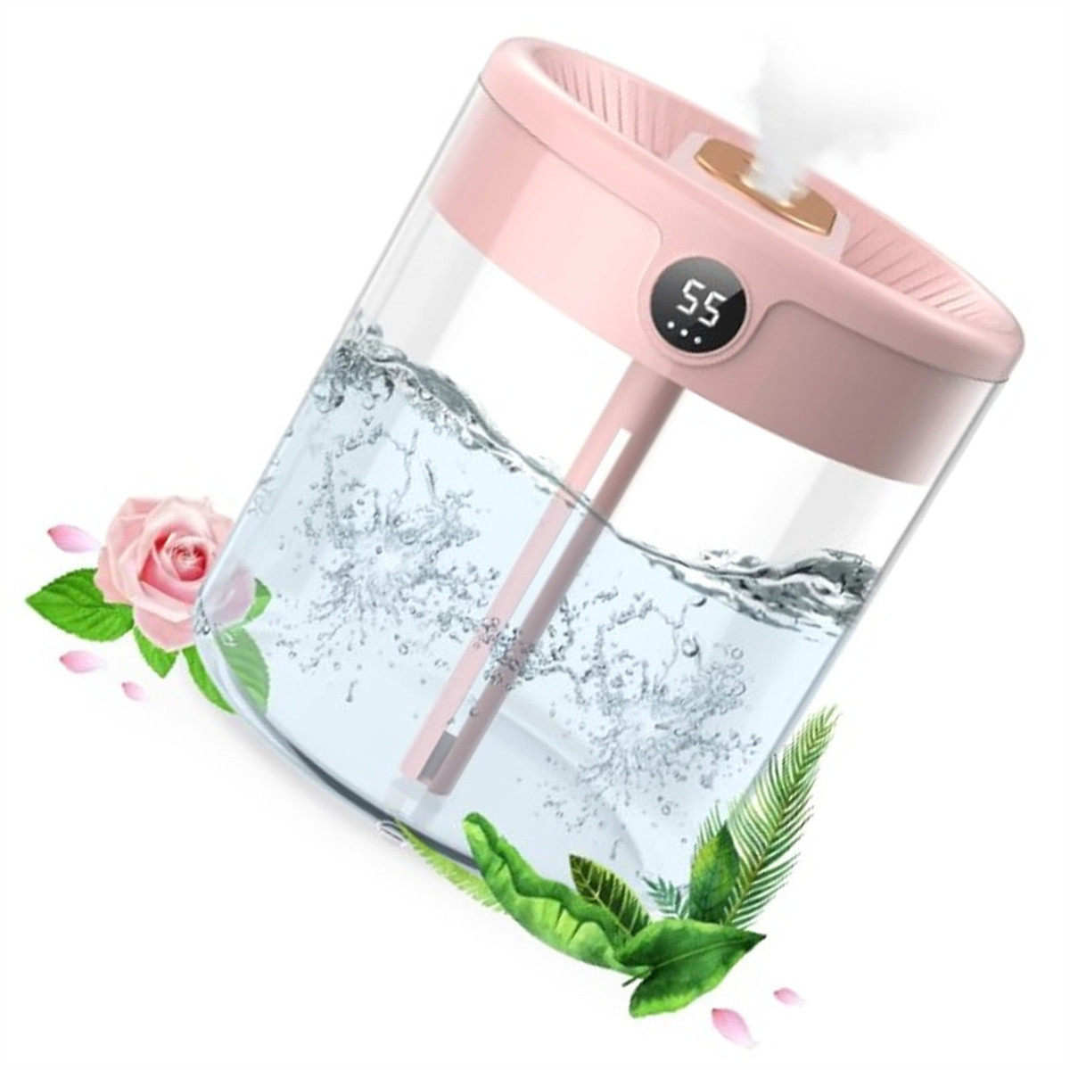 Ein rosa-transparenter Luftbefeuchter mit Wasser, Rosen und Blättern als Dekoration, weißer Hintergrund.