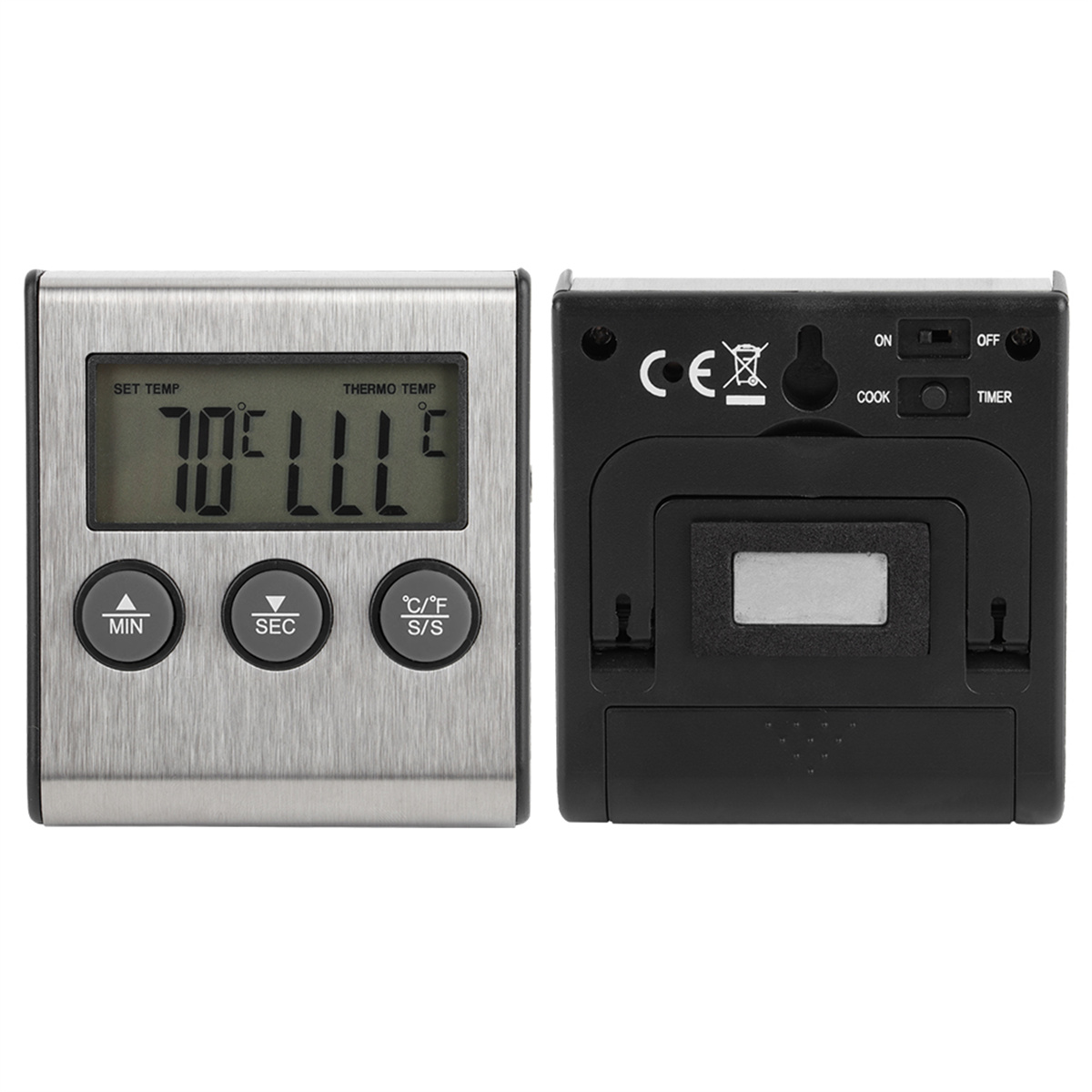 Ein silberner und schwarzer digitaler Küchentimer mit Anzeige von Zeit und Temperatur.