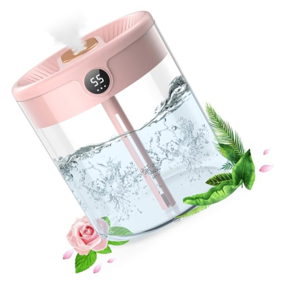 Ein rosa Luftbefeuchter mit Digitalanzeige. Das Gerät ist mit Wasser gefüllt und hat eine Blumendekoration.