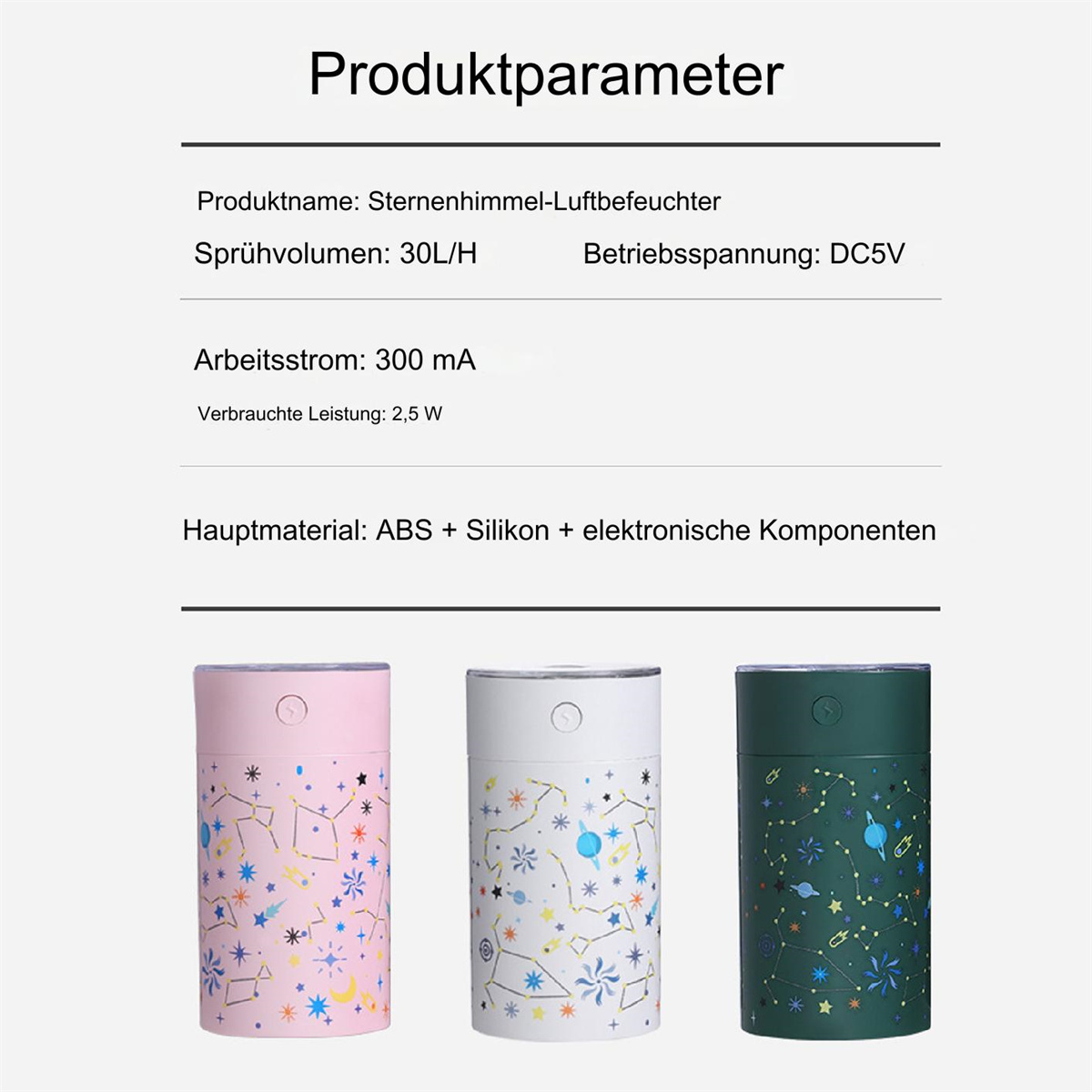 Drei farbige Luftbefeuchter mit Produktparametern: Name, Sprühvolumen, Spannung, Strom und Leistung.