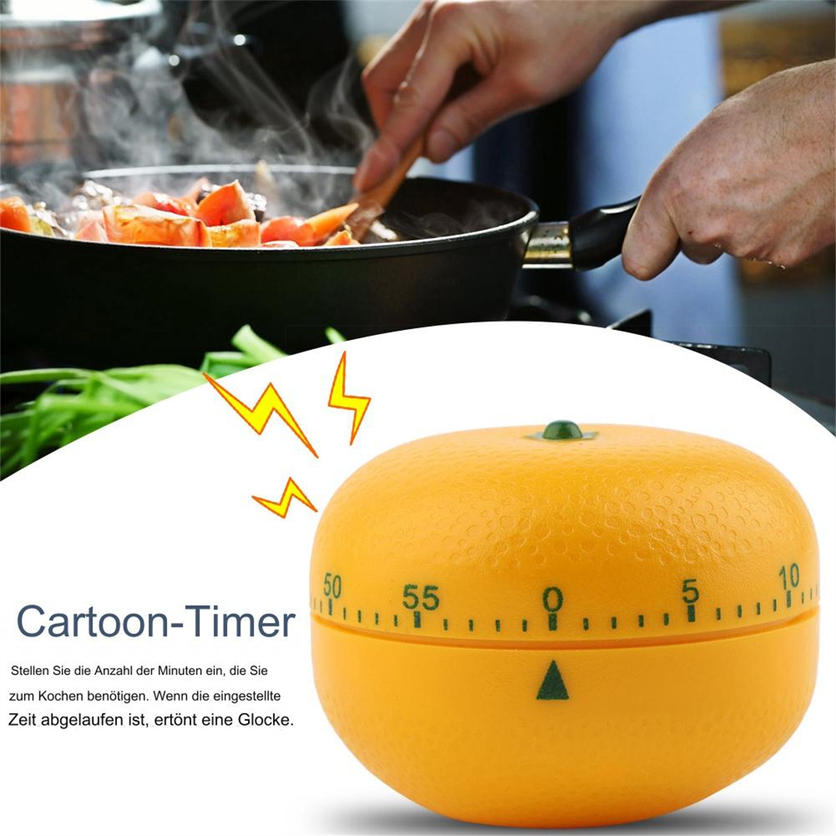 Ein orangefarbener Timer in Form einer Orange, mit Zifferblatt und Zahlen, mit einer Pfanne im Hintergrund.