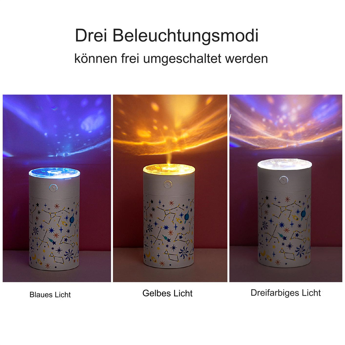 Drei Lichtprojektoren, die verschiedene farbige Lichtprojektionen zeigen: blau, gelb und dreifarbig.
