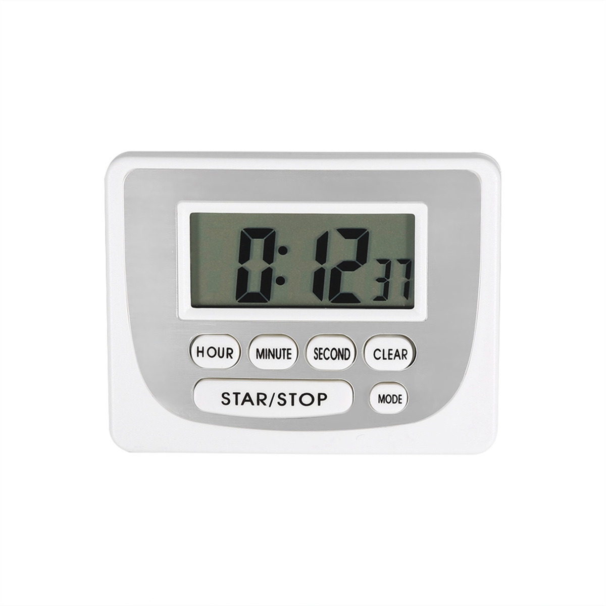 Weißer Küchentimer mit Digitalanzeige 0:12:37. Weißer Hintergrund.