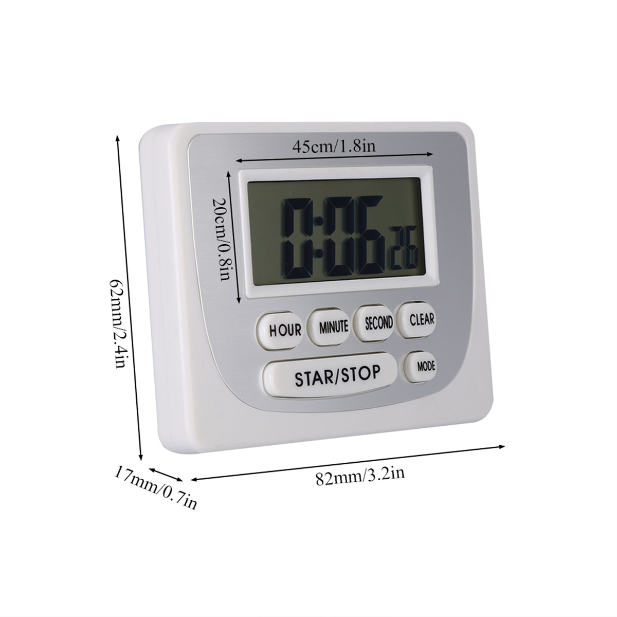 Weißer digitaler Küchentimer mit Abmessungen.