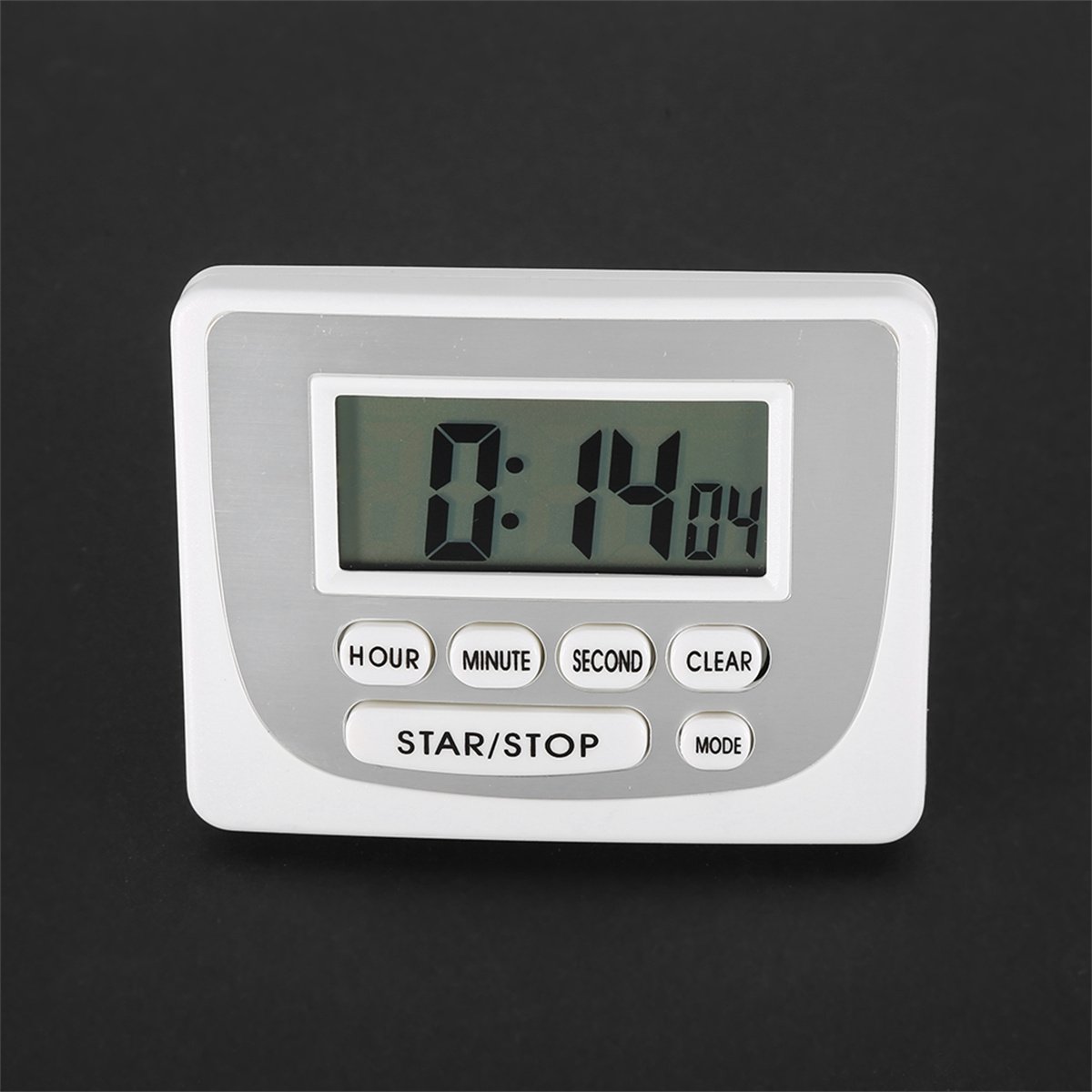 Digitaler Timer mit der Anzeige 0:14:04 und Tasten für Stunde, Minute, Sekunde, löschen, Start/Stopp und Modus.