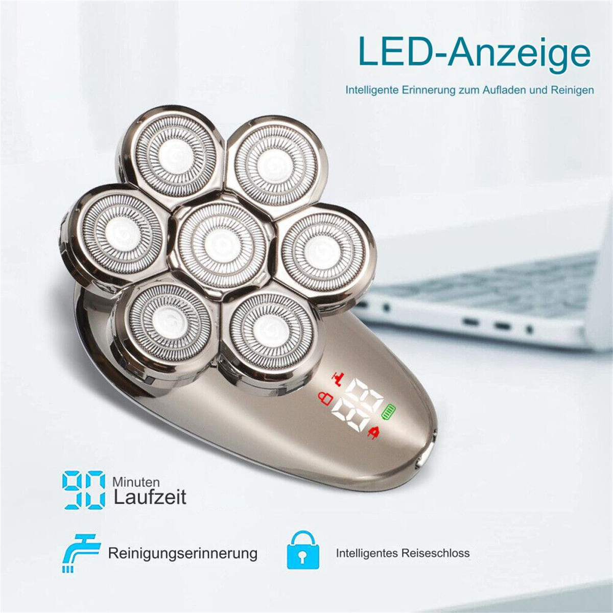 Elektrischer Rasierer mit mehreren Köpfen, Display und Symbolen.