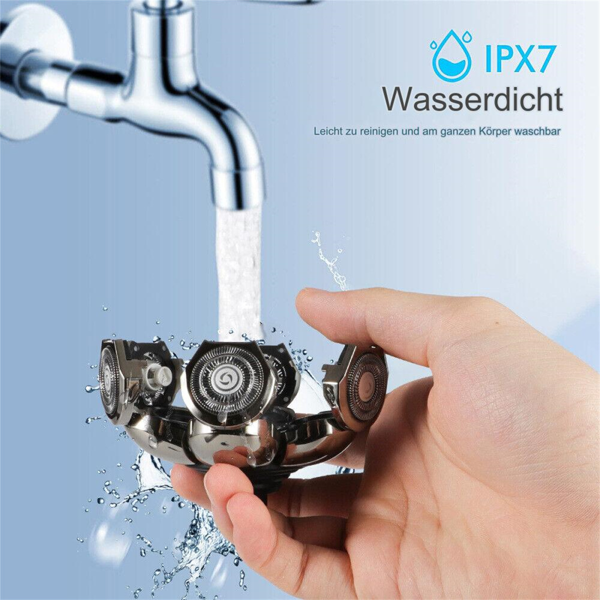 Eine Person hält einen Rasierer unter fließendem Wasser, gekennzeichnet mit IPX7 wasserdicht.