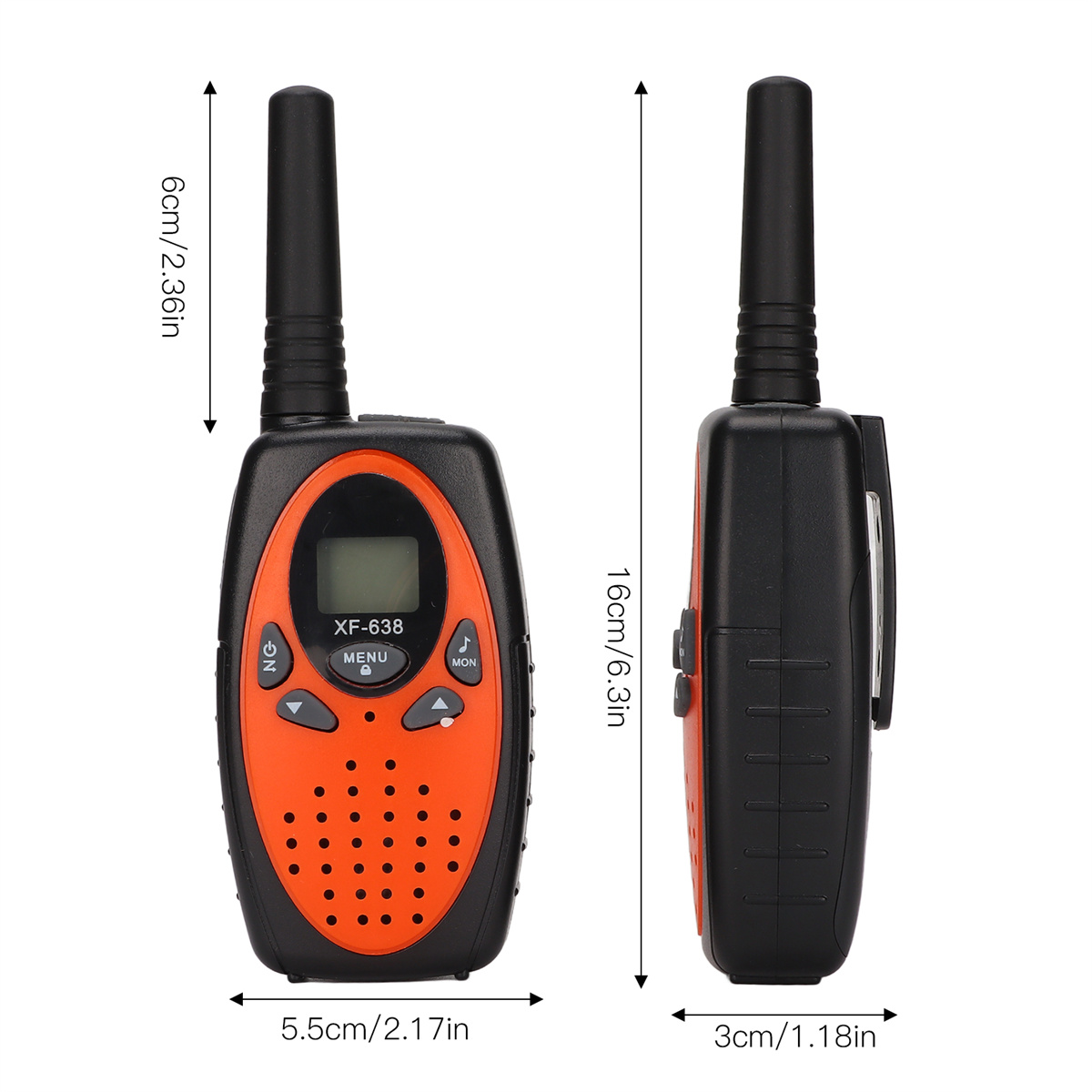 Zwei Walkie-Talkies, schwarz und orange. Abmessungen: 6 cm/2,36 Zoll hoch, 5,5 cm/2,17 Zoll breit.