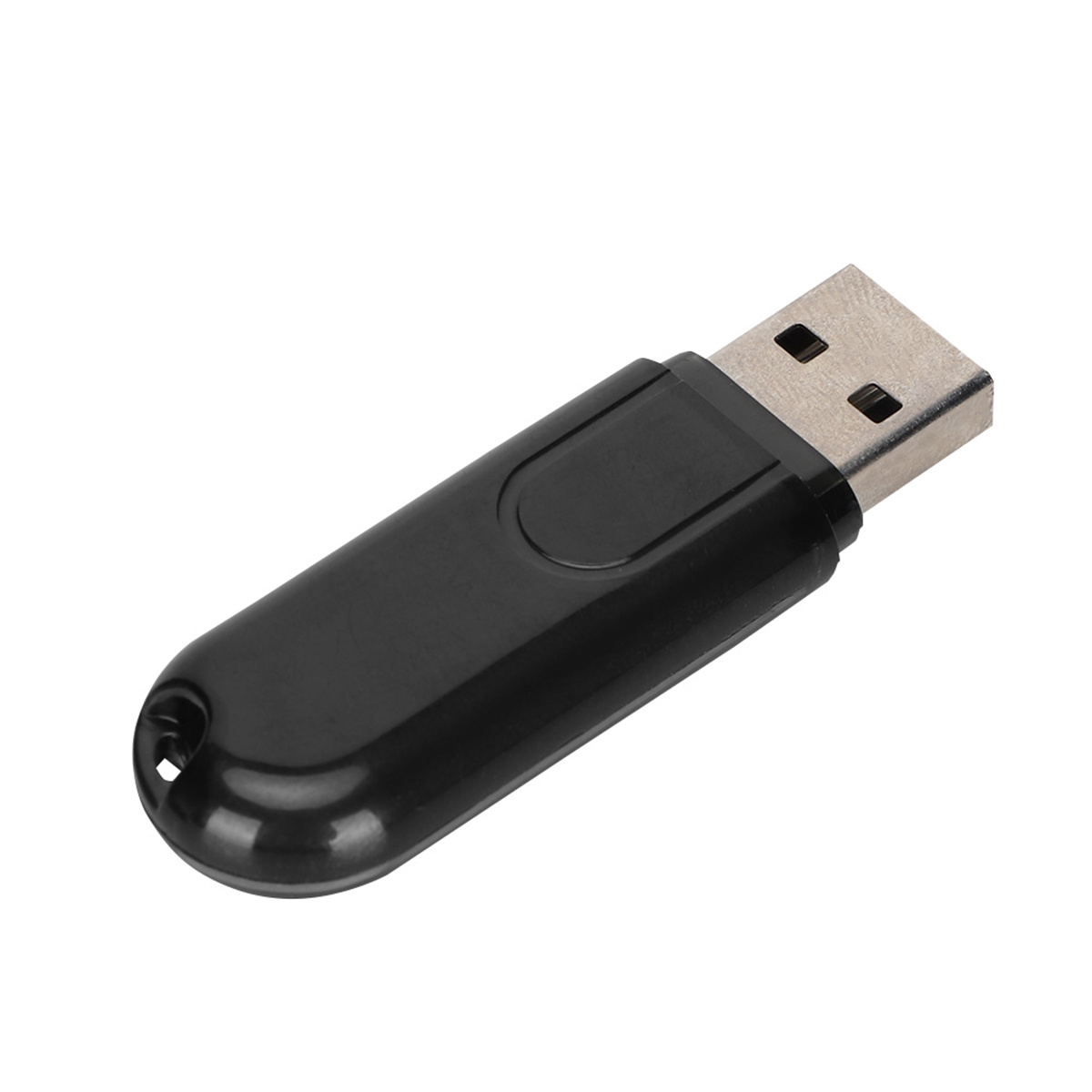 Schwarzer USB-Stick, rechteckige Form, silberner Stecker, isoliert auf Weiß.