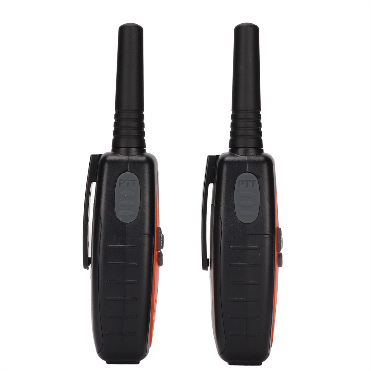 Zwei schwarze und orangefarbene Walkie-Talkies nebeneinander, mit Antennen und PTT-Tasten.