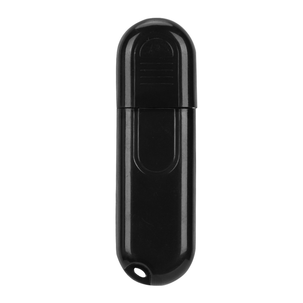 Ein schwarzer USB-Stick mit abgerundetem Design und einem Loch am Boden.