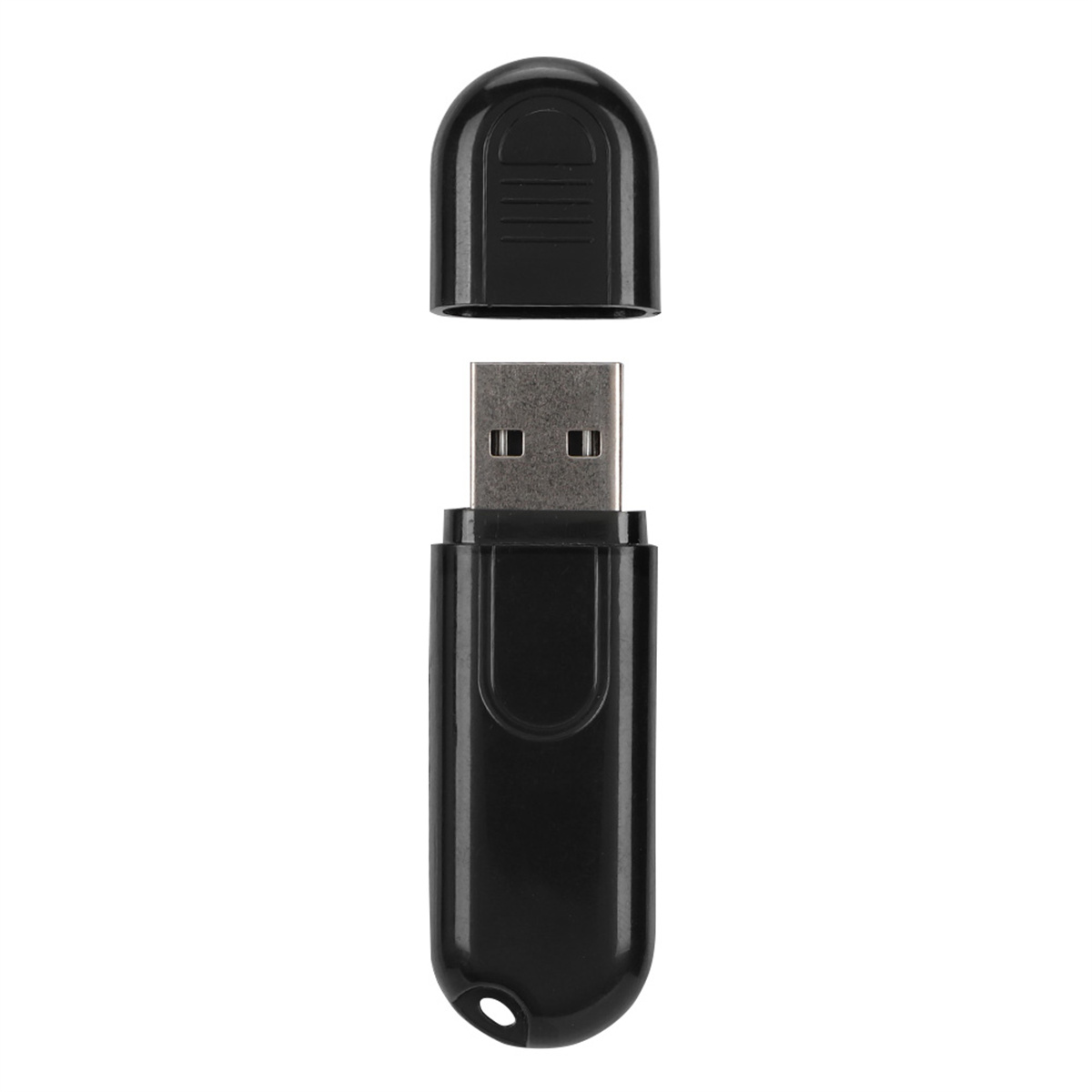 Schwarzer USB-Stick mit abgenommener Kappe, der den USB-Anschluss zeigt.