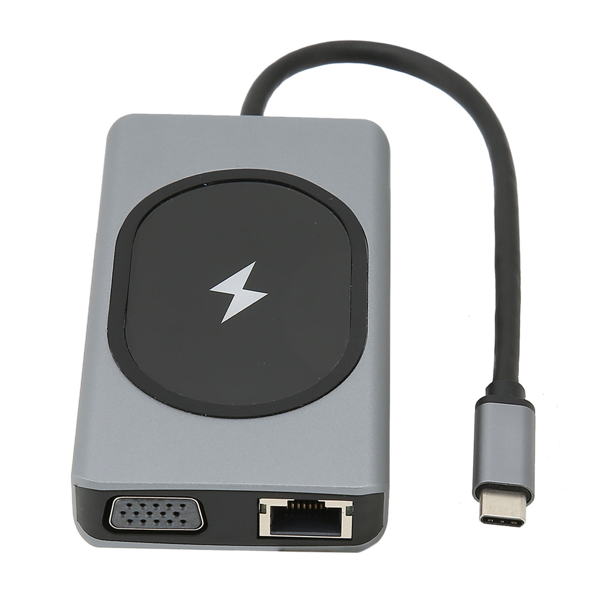 Ein grauer USB-C-Hub mit Blitzsymbol, VGA-Anschluss und Ethernet-Anschluss.