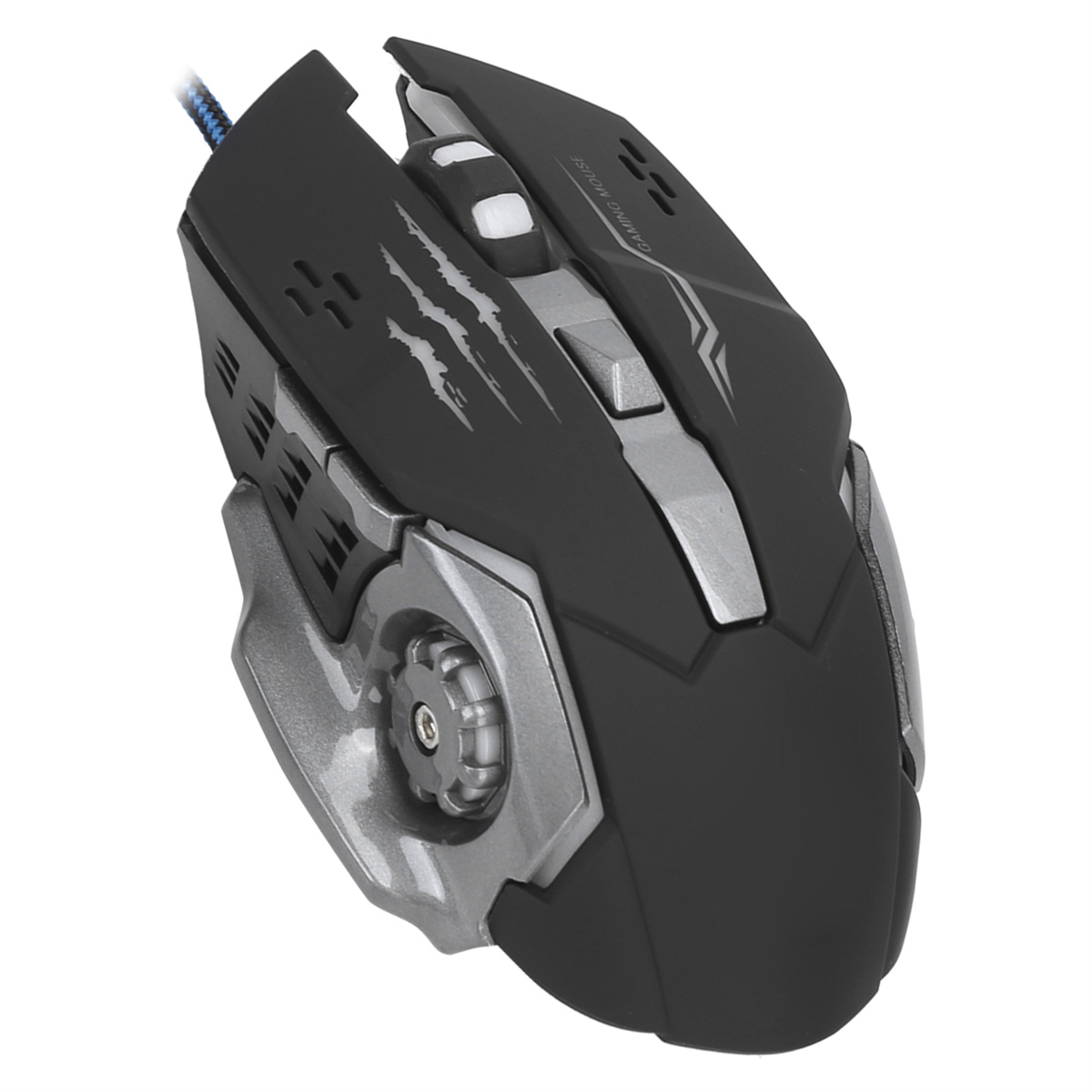 Schwarze und silberne Gaming-Maus. Scrollrad, Seitentasten und strukturierter Griff.