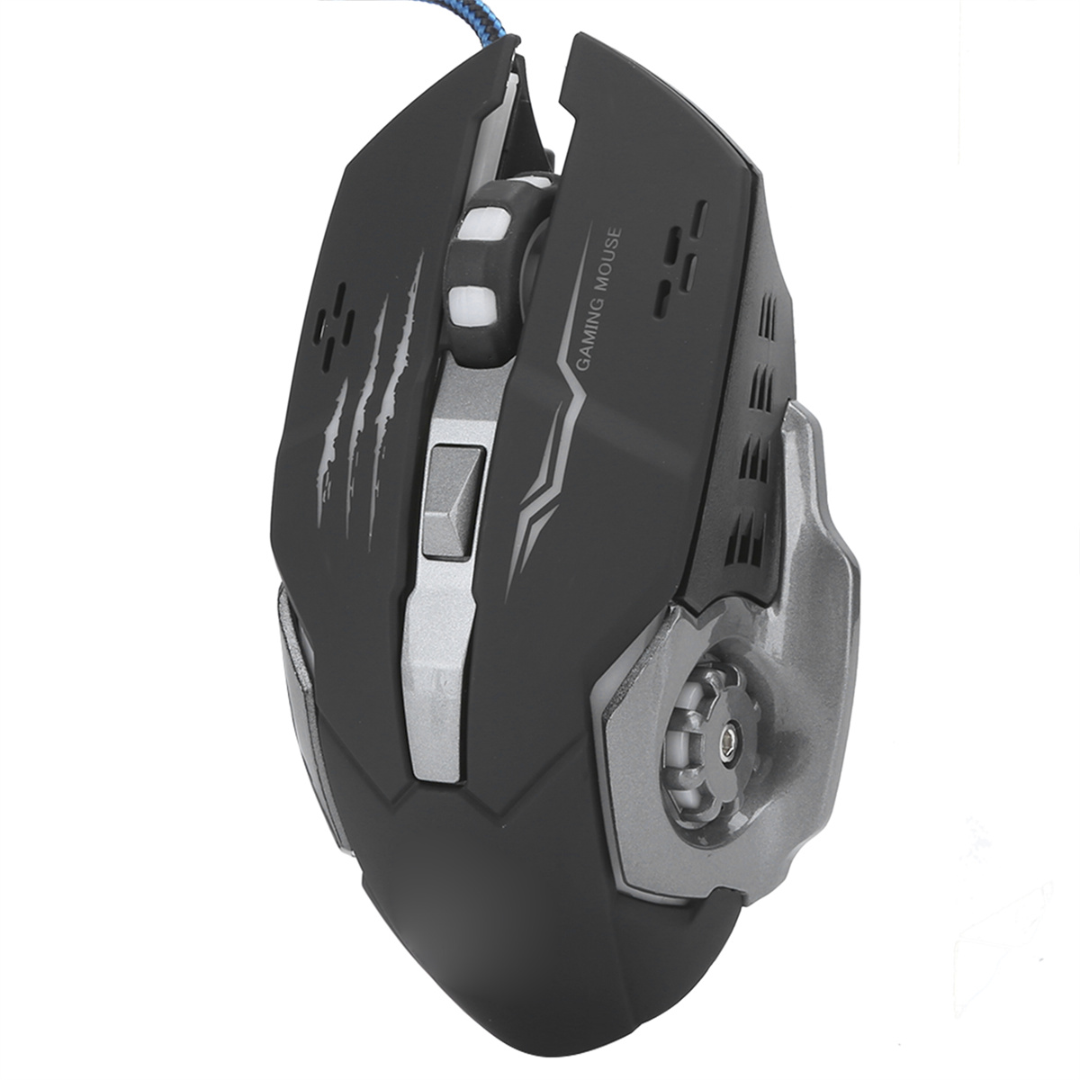 Eine schwarze und graue Gaming-Maus mit blauem Kabel, Scrollrad und Seitentasten.