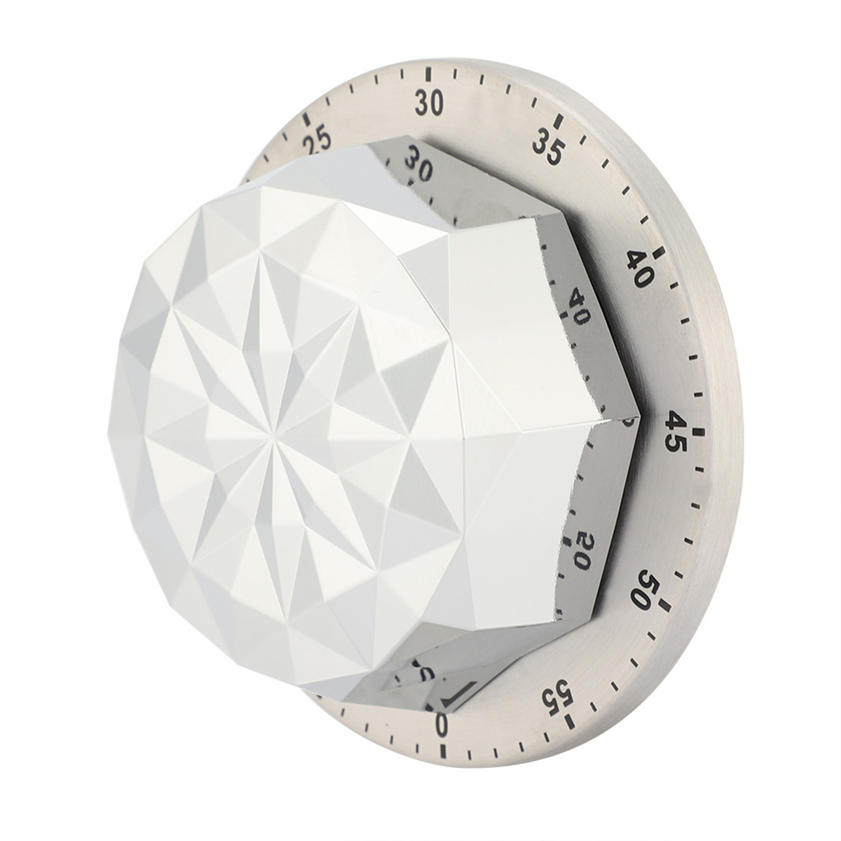 Ein weißer Timer mit facettiertem Zifferblatt und silberfarbenem Rand, eingestellt auf 30 Minuten.