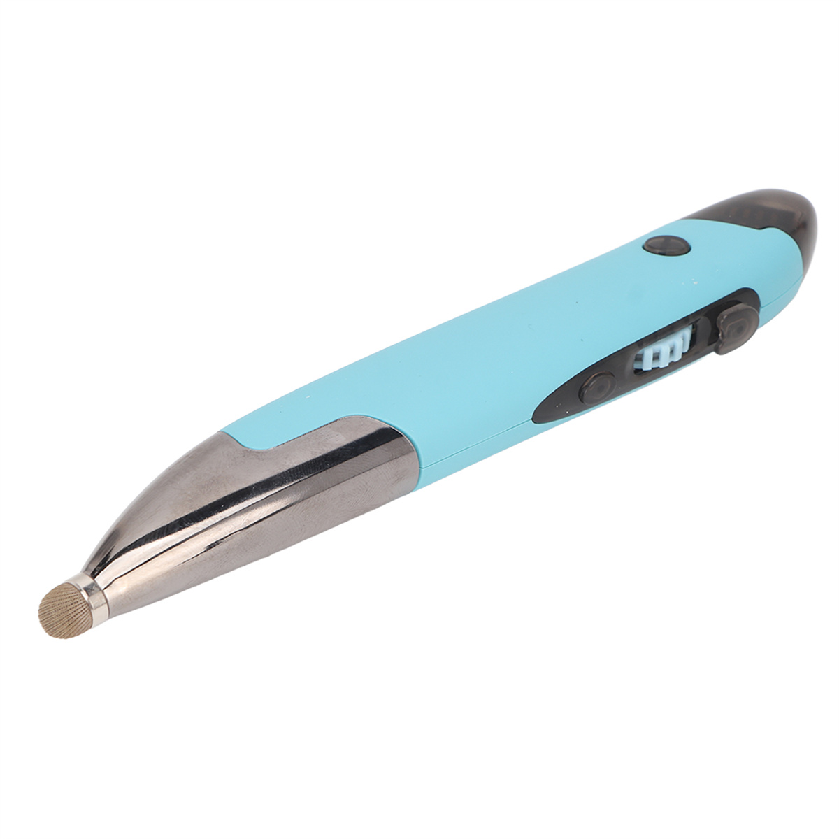 Blauer Stylus-Stift mit silberner Spitze und schwarzen Knöpfen. Steht in schwarzer Ladestation.