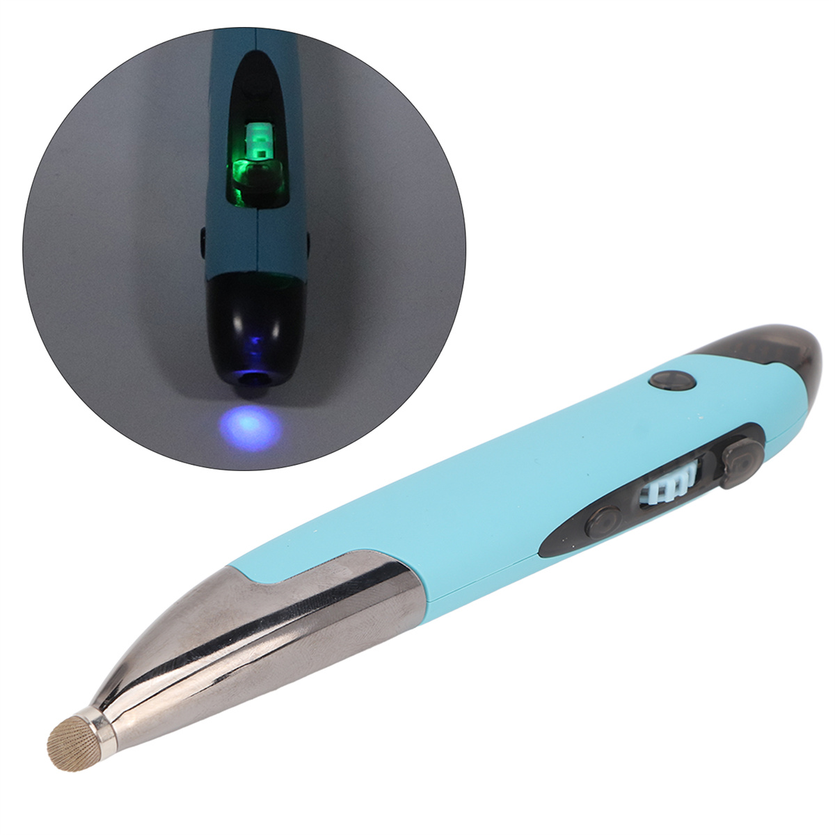 Ein hellblauer Stift mit schwarzer Spitze, silberner Spitze und grünem Licht.