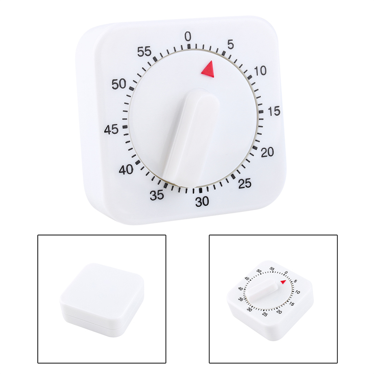 Weißer Küchentimer. Der Timer zeigt 30 Minuten. Es gibt einen roten Pfeil und einen weißen Knopf.