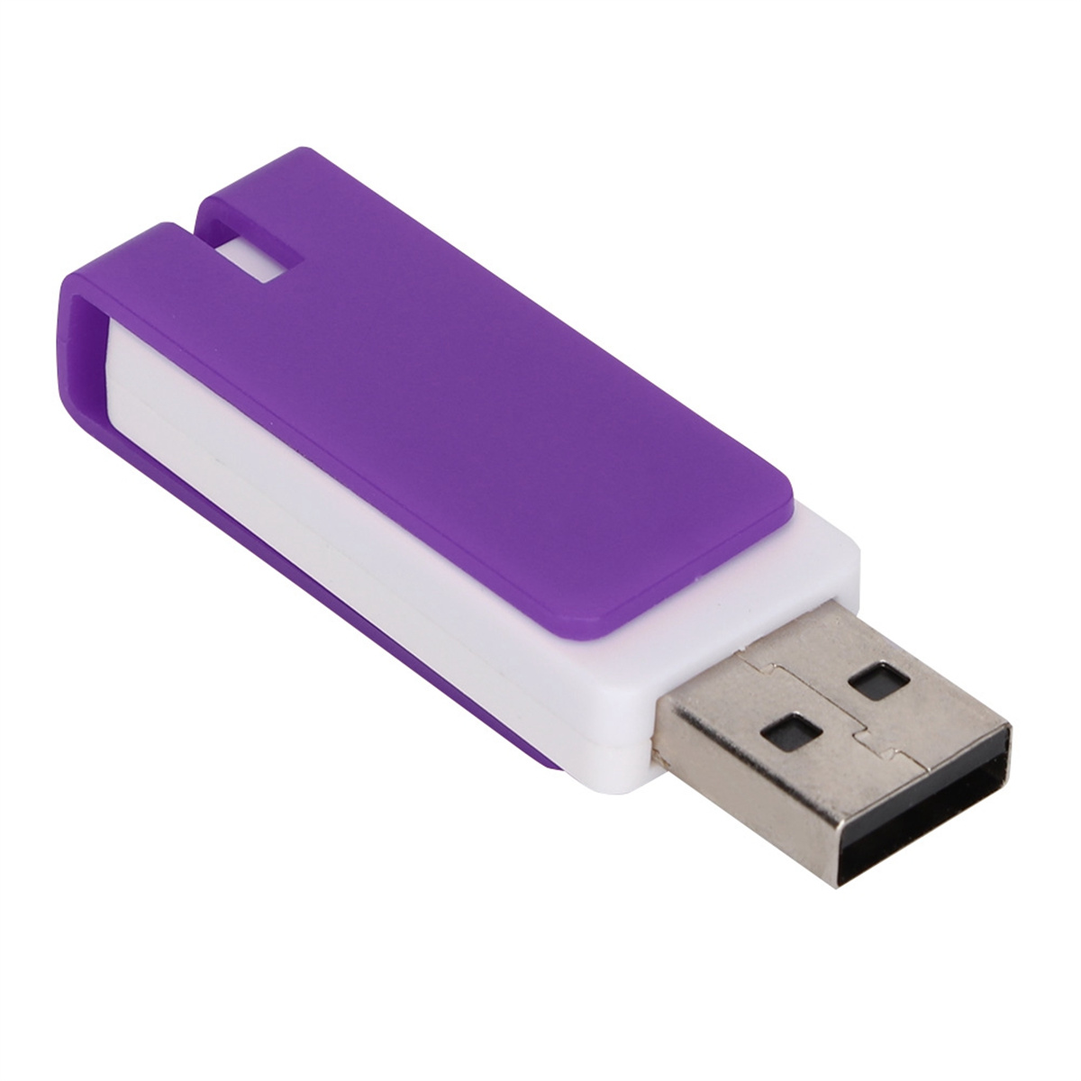 Lila und weißer USB-Stick mit Stecker.