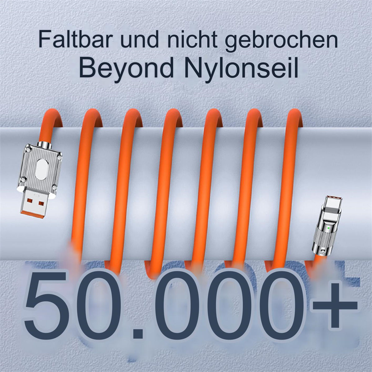 Oranges Kabel mit USB-Anschlüssen, um eine Röhre gewickelt. Text: '50.000+'.