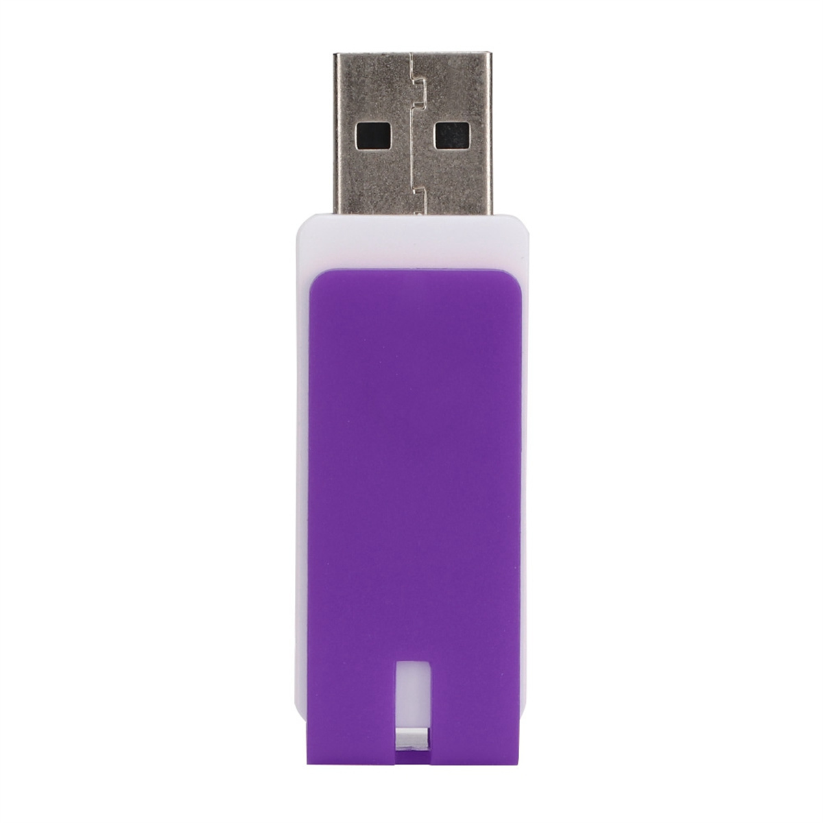 Ein weißer und lila USB-Stick mit rechteckigem Design, isoliert auf Weiß.