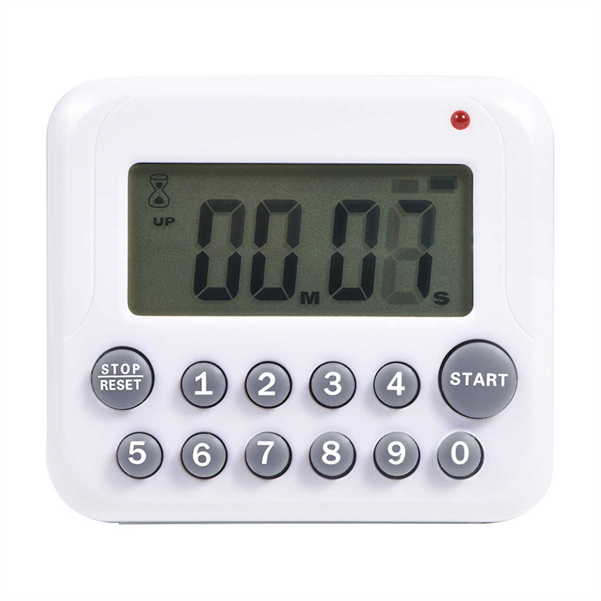 Digitale Küchenuhr mit Knöpfen. Weißes Gehäuse, schwarzes Display und Knöpfe. Weißer Hintergrund.