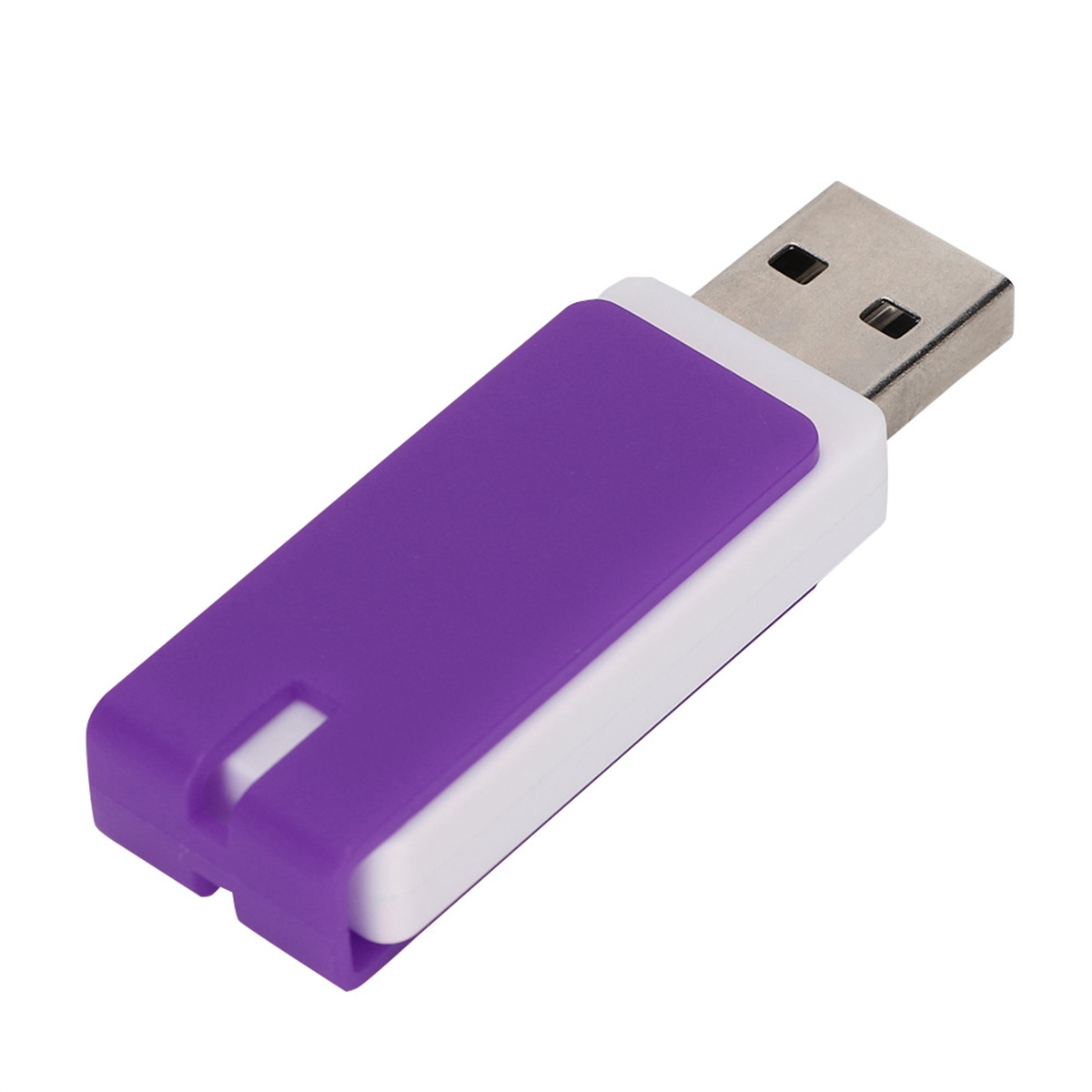 Ein lila-weißer USB-Stick auf weißem Hintergrund. Er hat eine rechteckige Form.