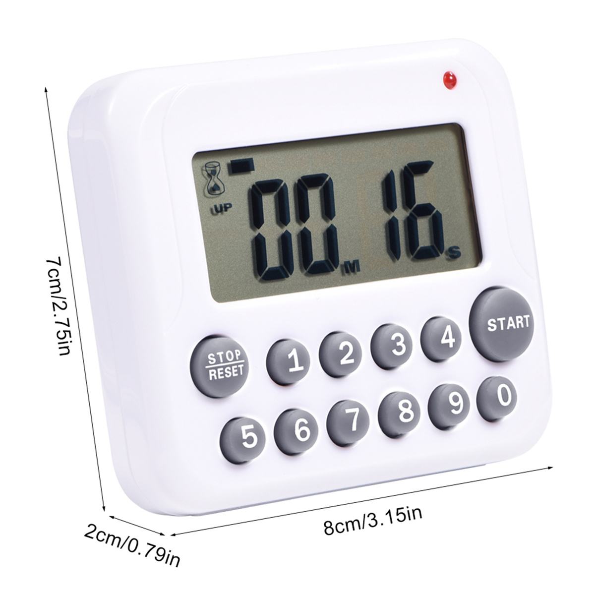 Weißer digitaler Küchentimer mit Knöpfen und Anzeige 00:16. Abmessungen sind 8cm x 7cm x 2cm.