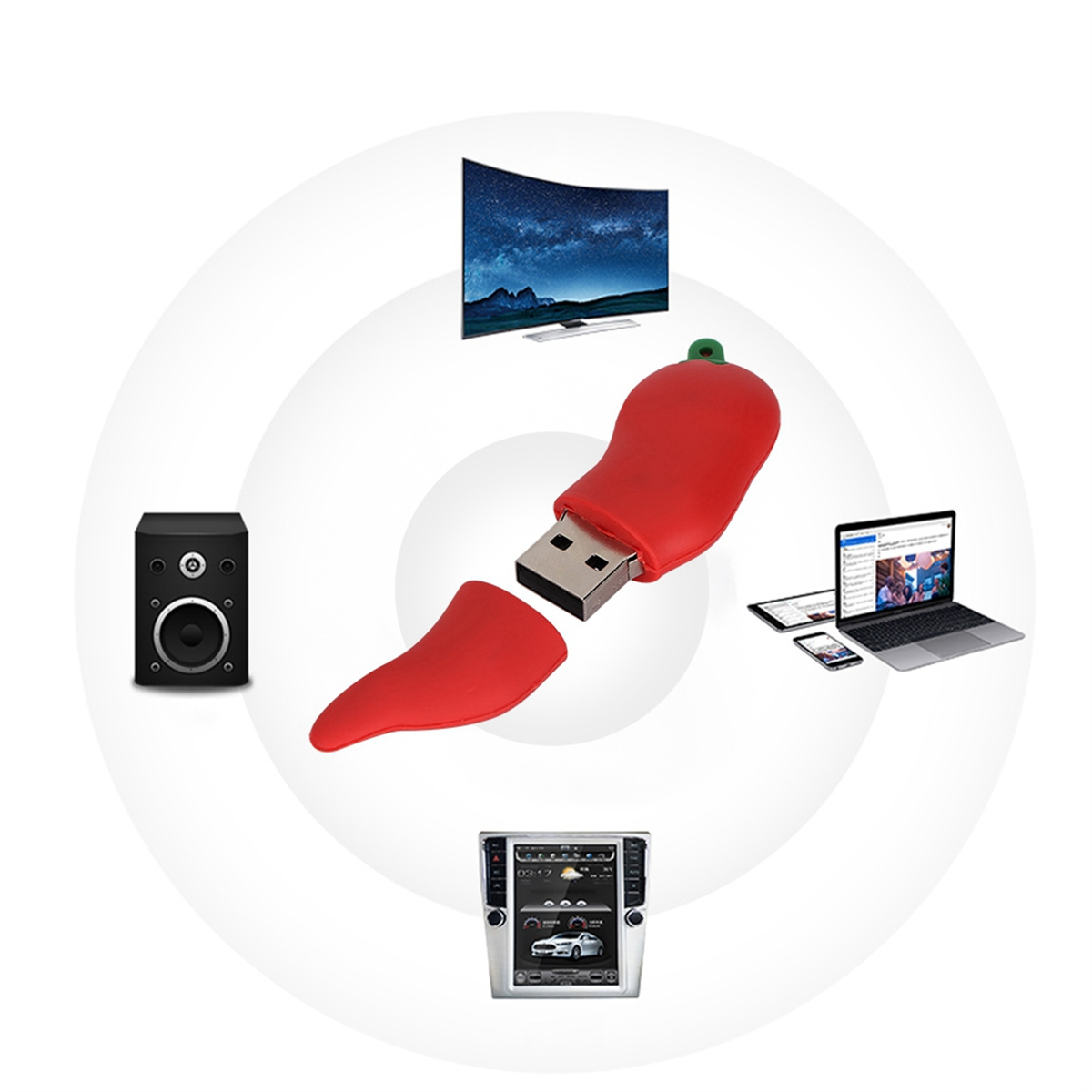 Roter USB-Stick in Form einer Chilischote, umgeben von elektronischen Displays.