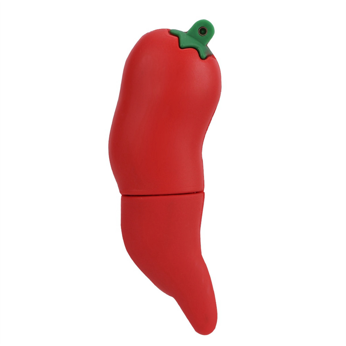 Ein USB-Stick in Form einer roten Chilischote. Es ist rot mit einem grünen Oberteil. Der Hintergrund ist weiß.