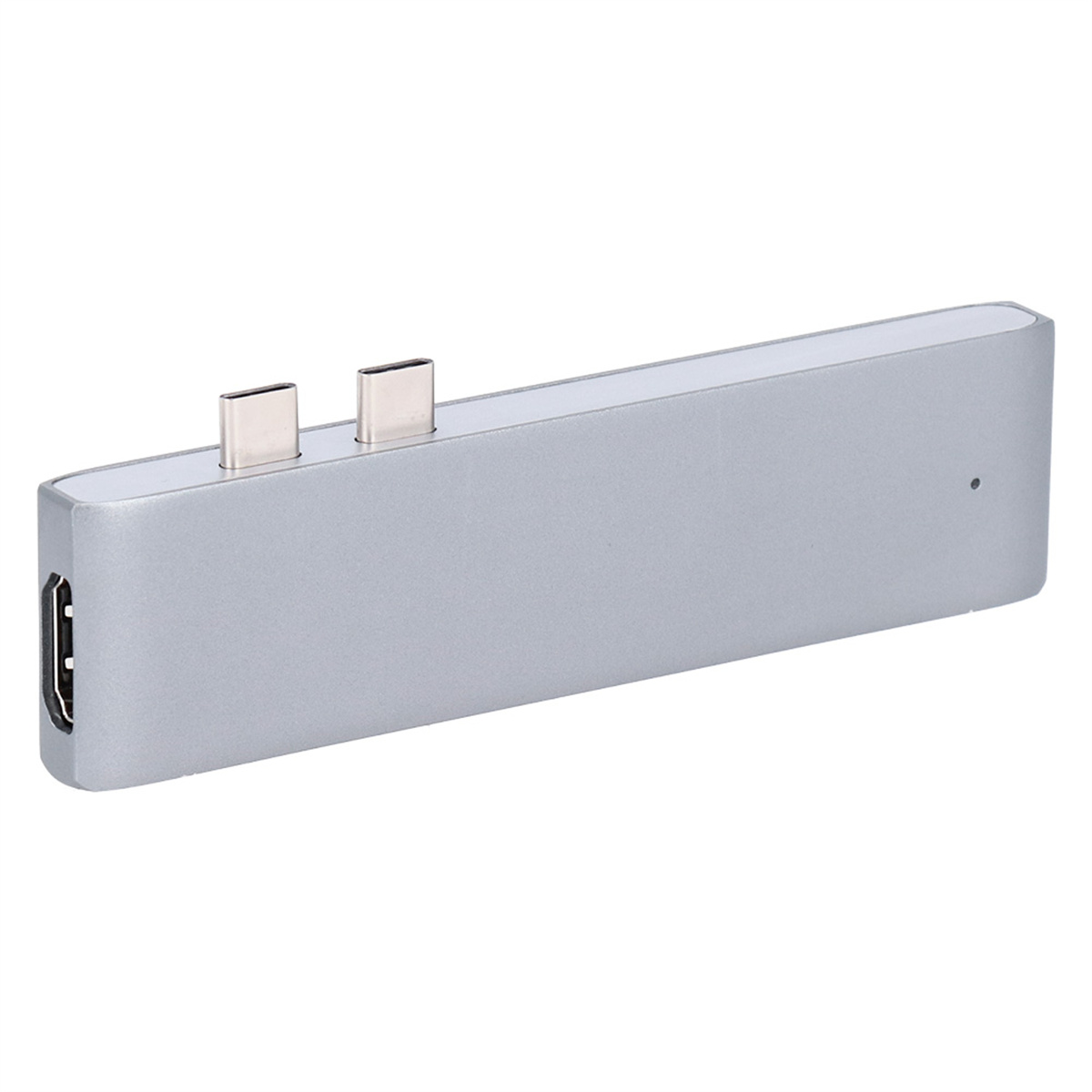 Ein silberner USB-C-Hub mit zwei USB-C-Anschlüssen und einem HDMI-Anschluss. Es ist auf weißem Hintergrund.