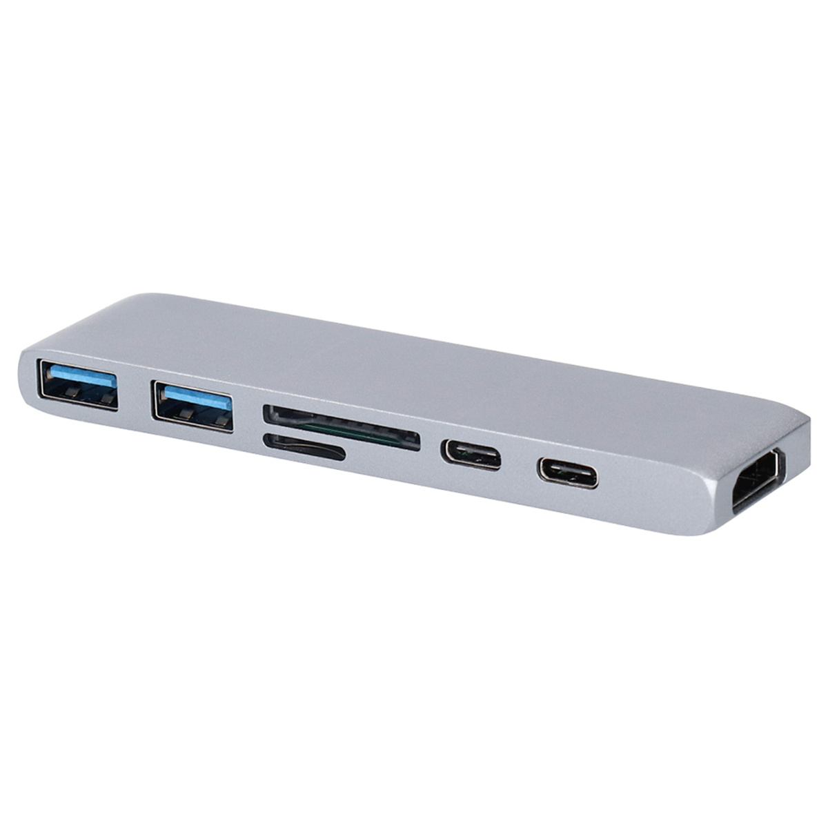 Ein silberner USB-Hub mit mehreren Anschlüssen. Er verfügt über USB-, SD-Karten- und USB-C-Anschlüsse. HDMI-Anschluss verfügbar.