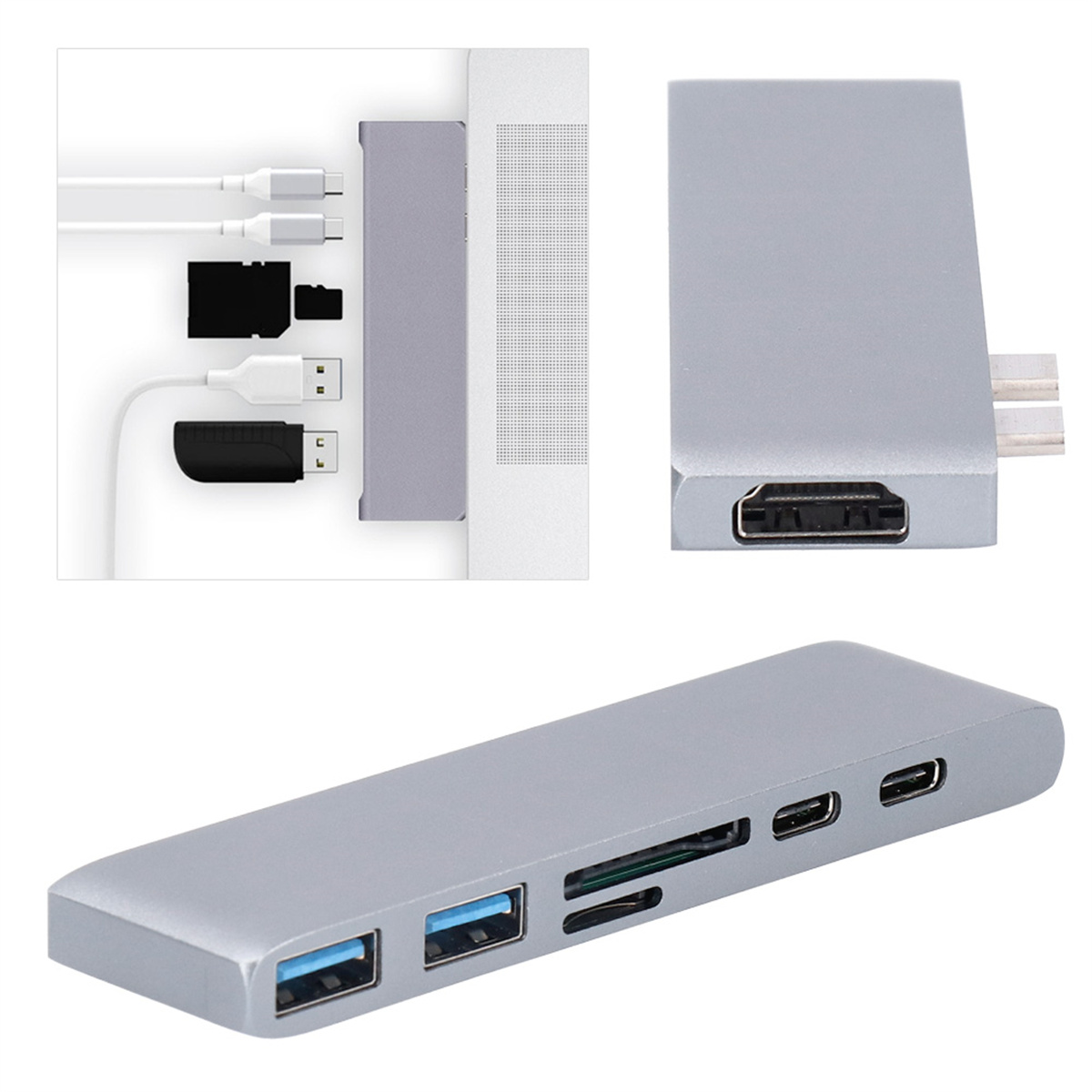 Silberner USB-Hub mit mehreren Anschlüssen: USB, SD-Karte und USB-C. An einen Laptop angeschlossen.