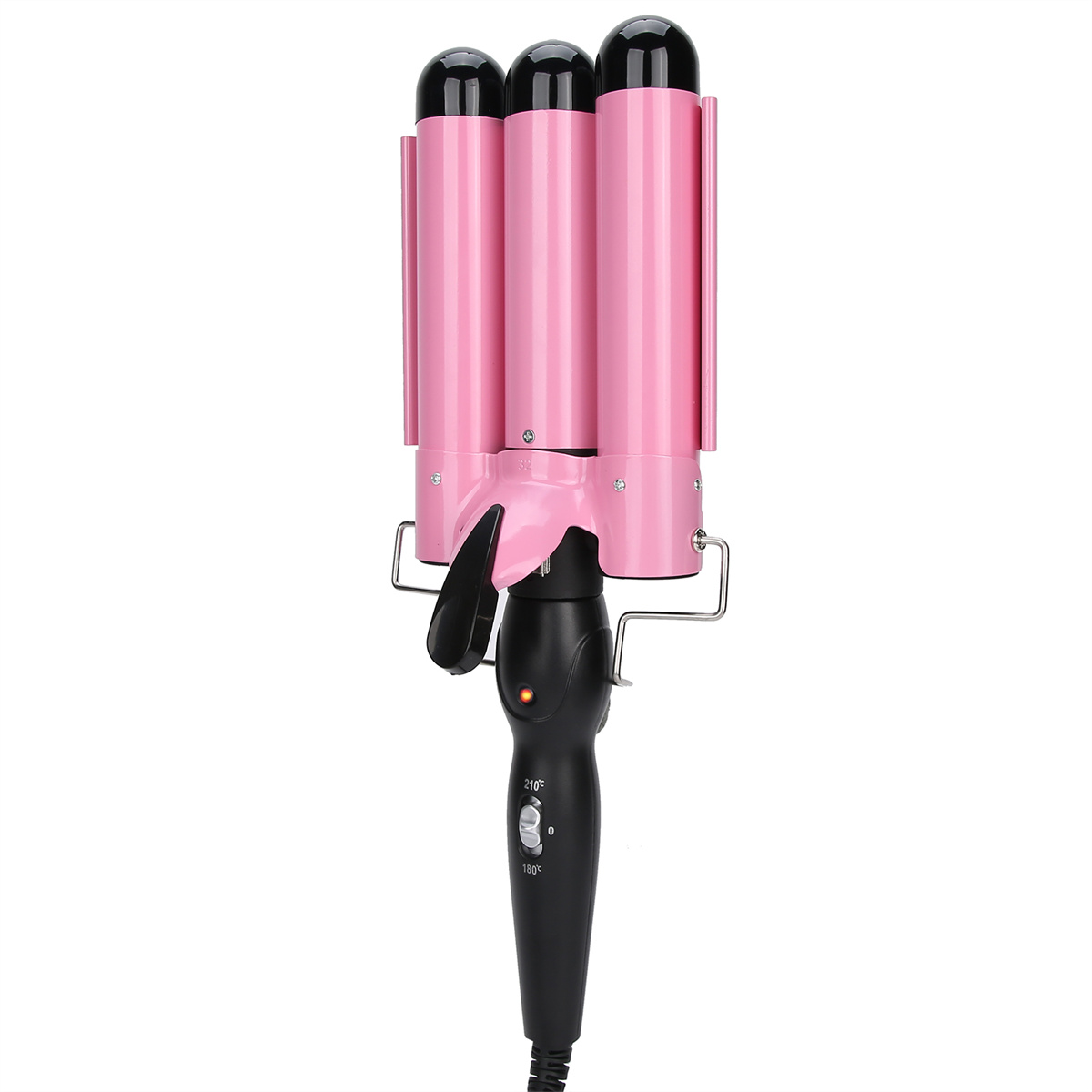 Rosa Lockenstab mit drei Läufen, schwarzem Griff und silbernem Metallrahmen.