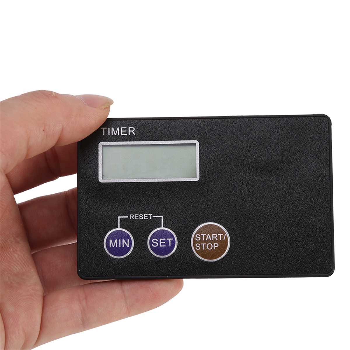 Schwarzer digitaler Küchentimer mit Tasten für Minuten, Set und Start/Stopp.