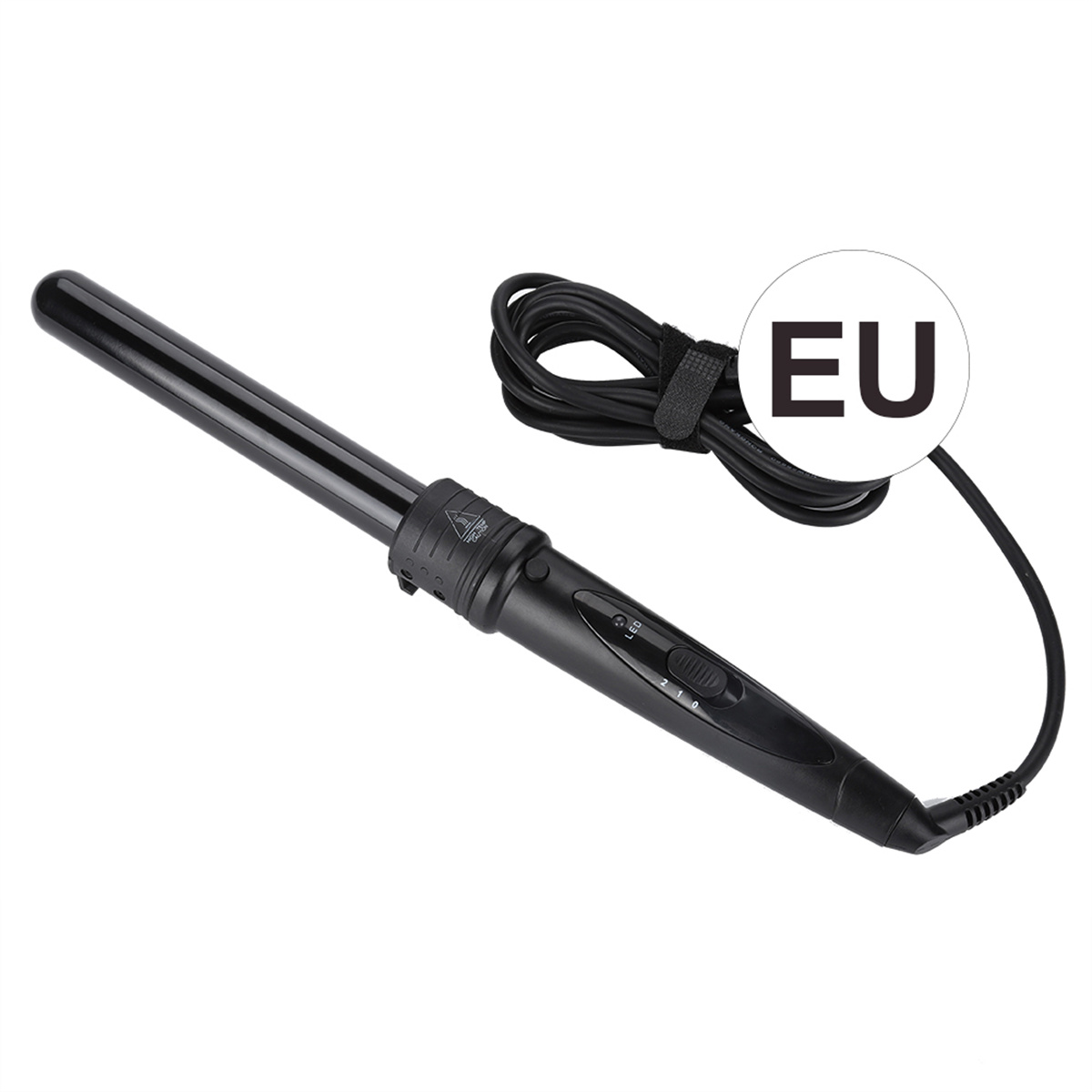 Schwarzer Lockenstab mit schwarzem Kabel und einem weißen Aufkleber mit der Aufschrift 'EU' für den europäischen Gebrauch.