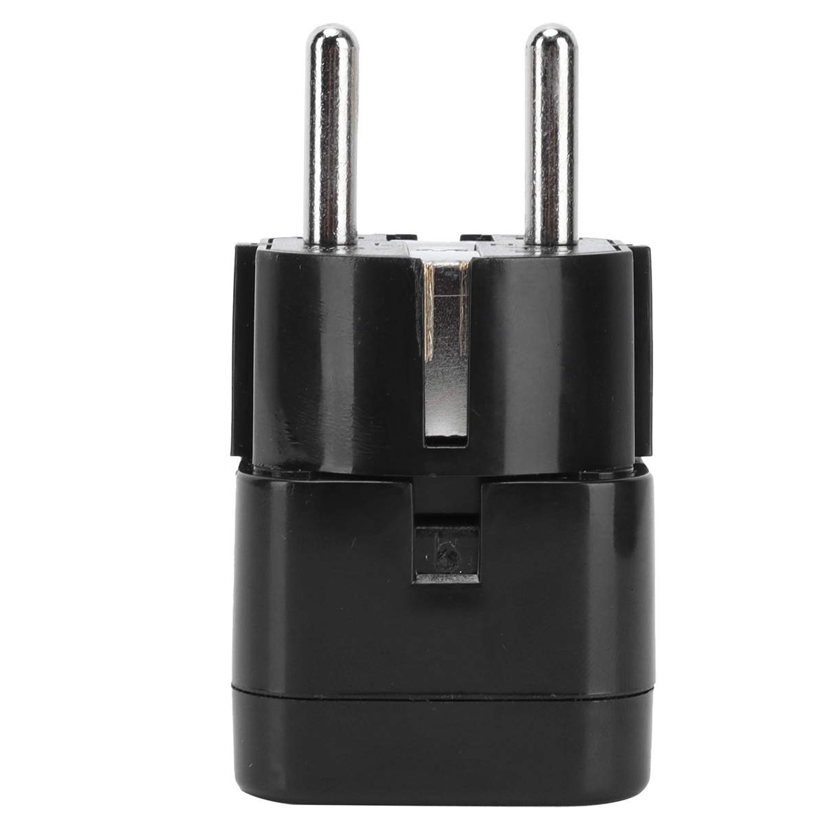 Schwarzer Steckeradapter mit zwei silbernen Stiften. Quadratischer Körper.
