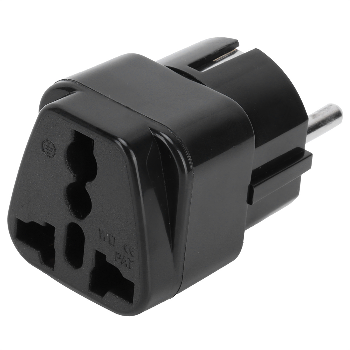 Schwarzer Universal-Reiseadapter mit mehreren Steckereingängen und -ausgängen.