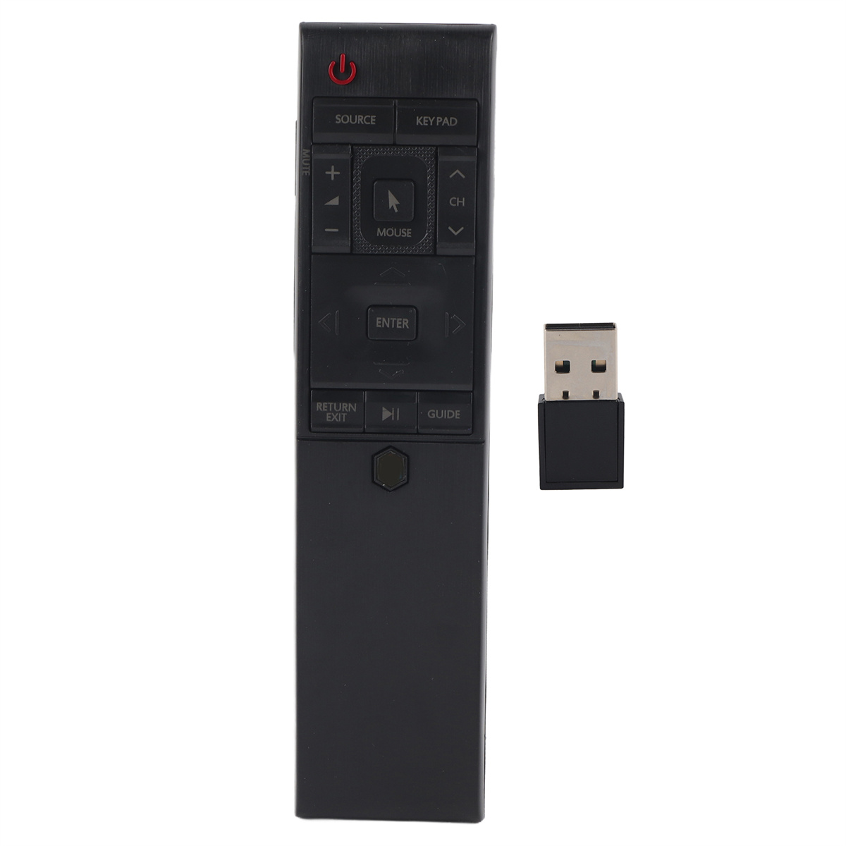 Eine schwarze Fernbedienung mit einem USB-Dongle daneben.